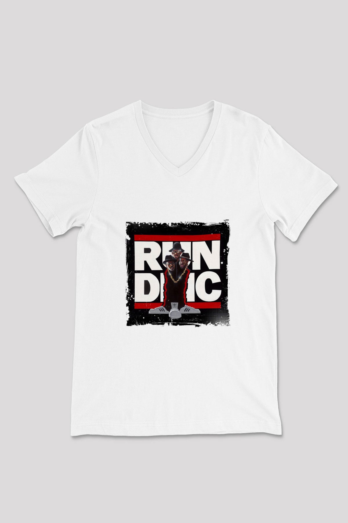 Run DMC Baskılı Beyaz V Yaka Unisex Tişört