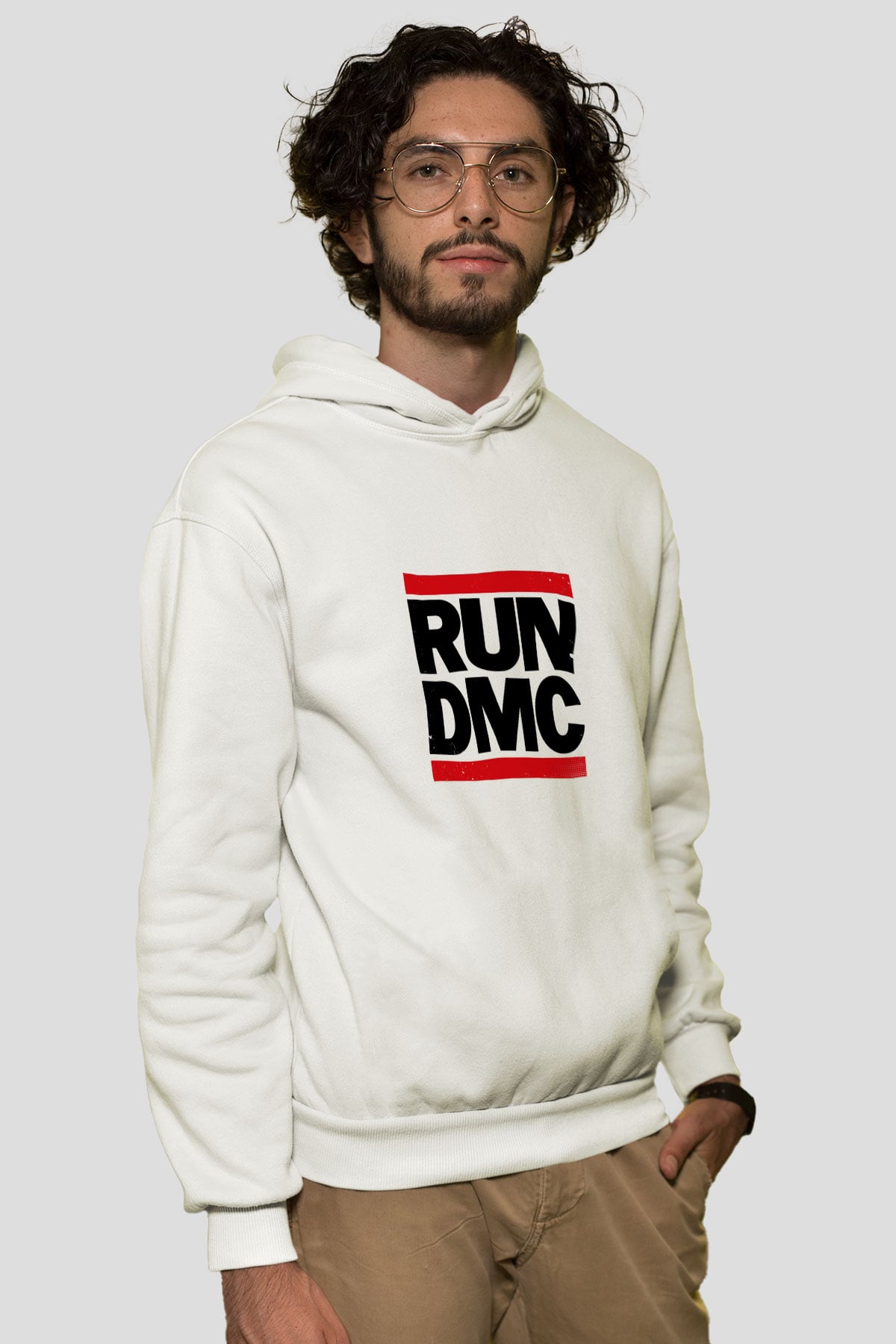 Run DMC Baskılı Unisex Beyaz Kapüşonlu Sweatshirt