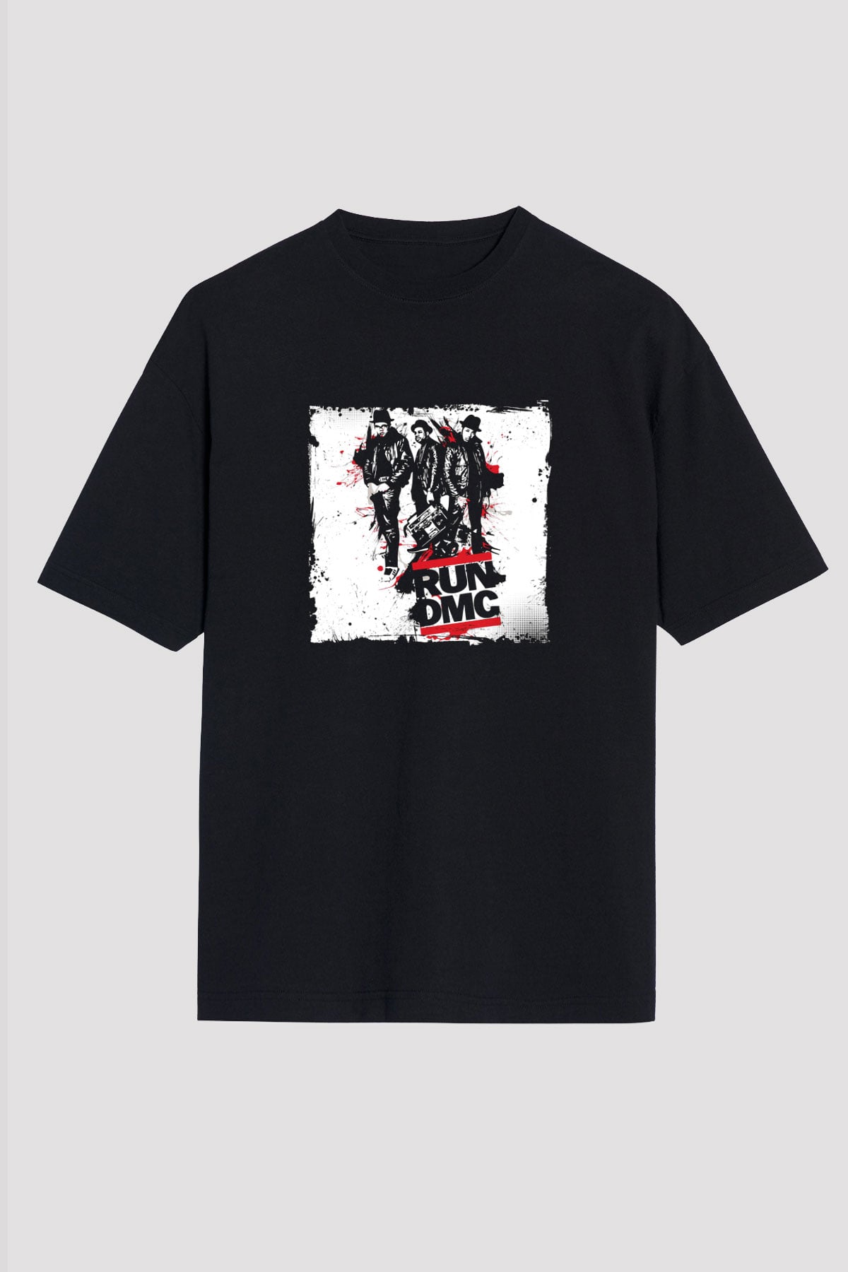 Run DMC Baskılı Unisex Oversize Siyah Tişört