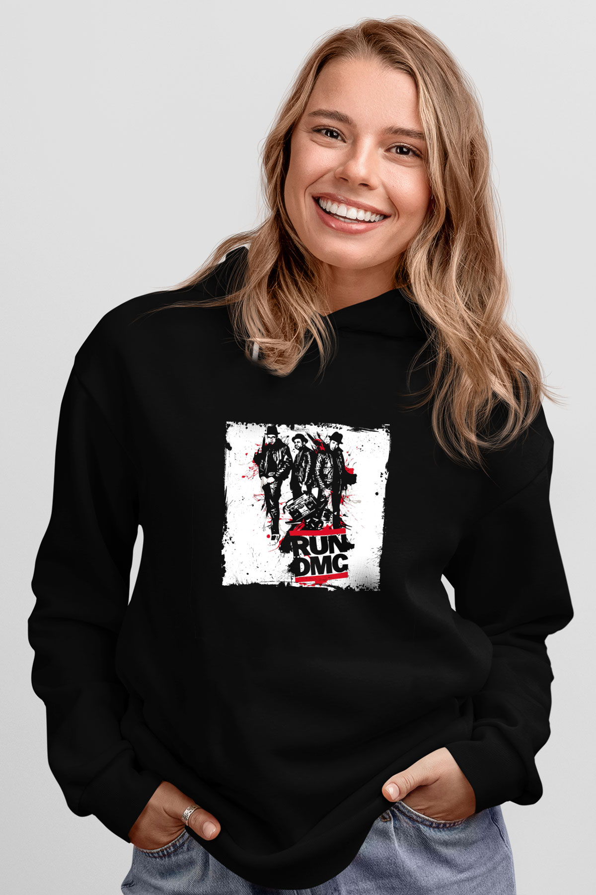 Run DMC Baskılı Unisex Siyah Hoodie