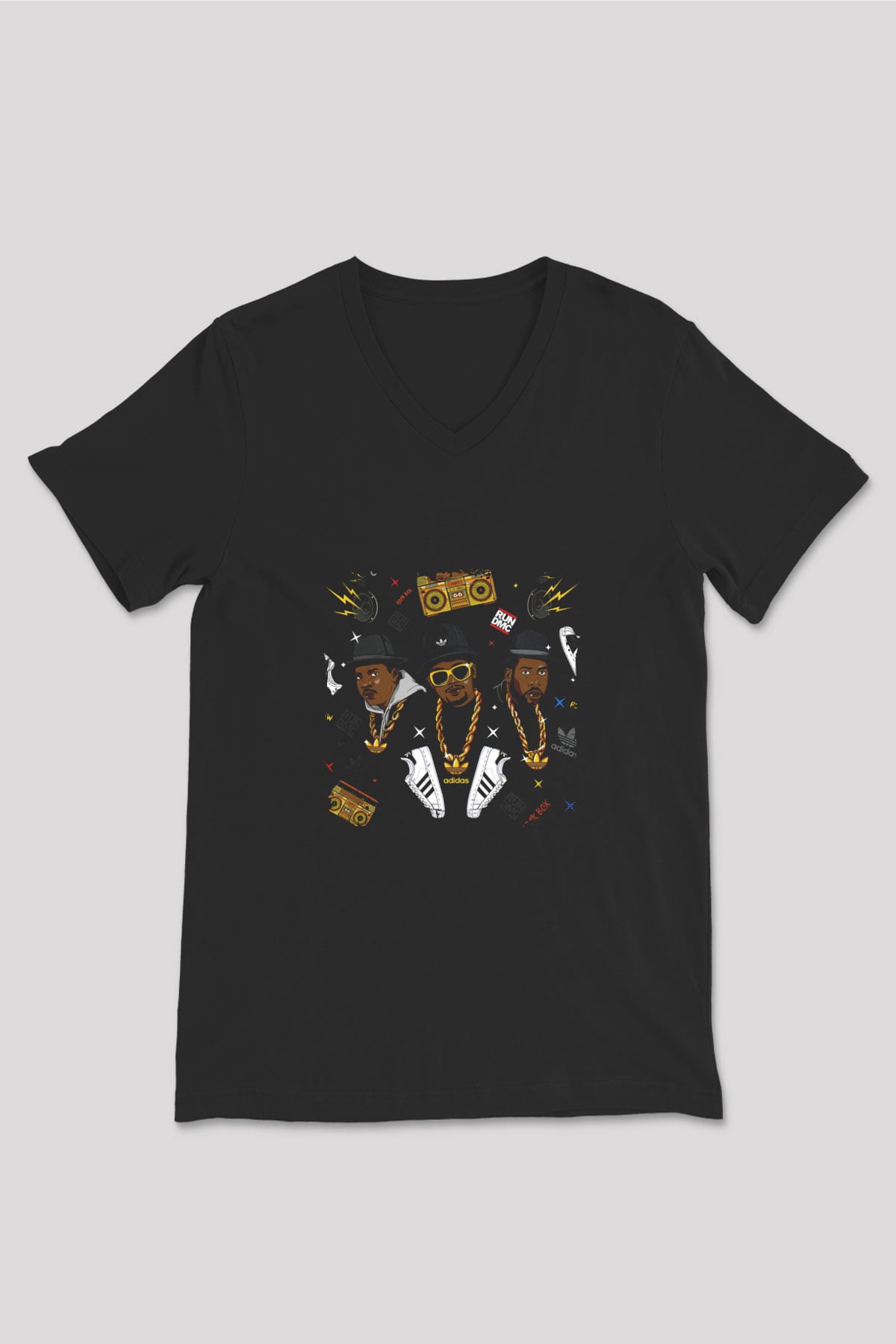 Run DMC Baskılı Unisex Siyah V Yaka Tişört