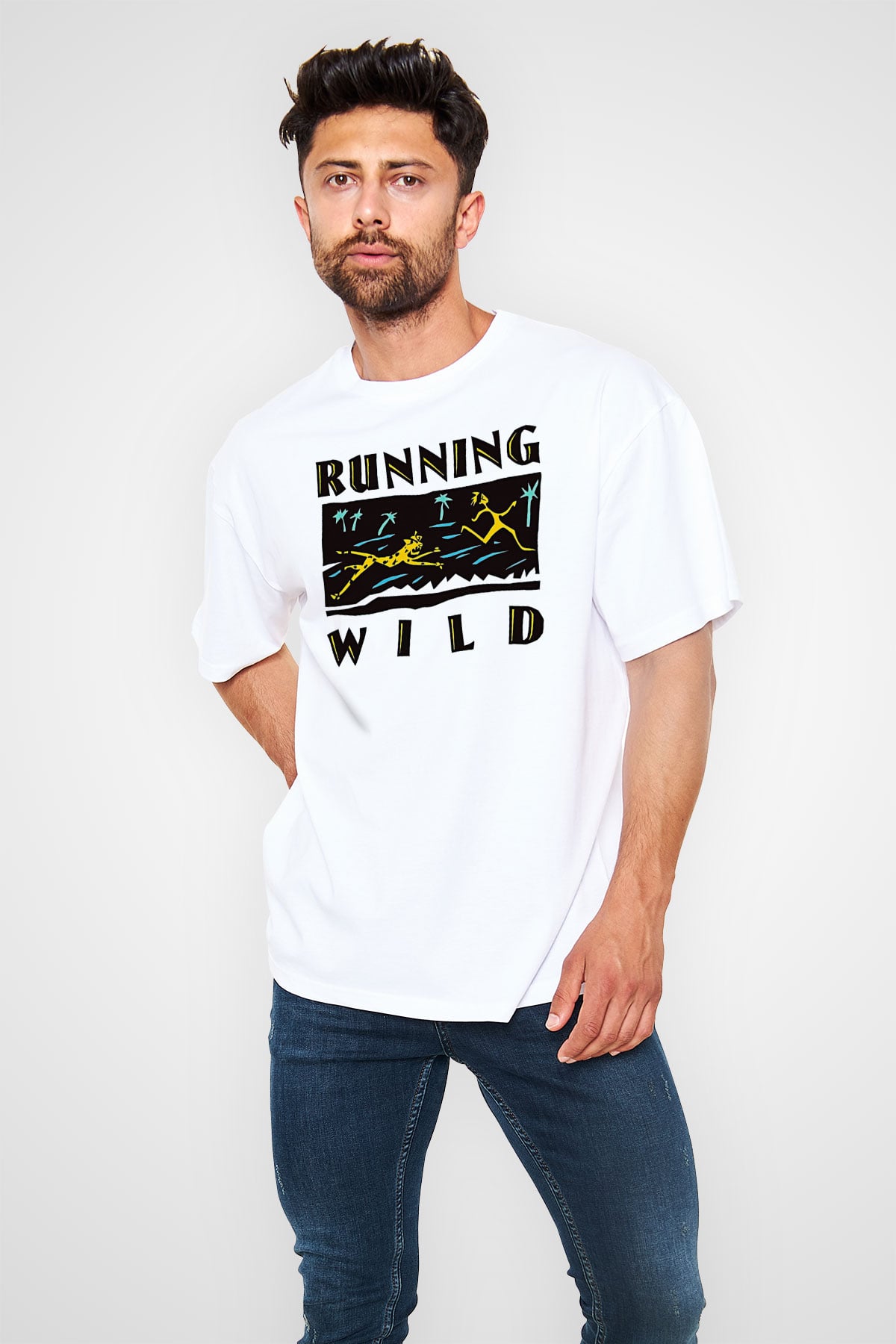Running Wild Baskılı Beyaz Unisex Oversize Tişört - Tshirt