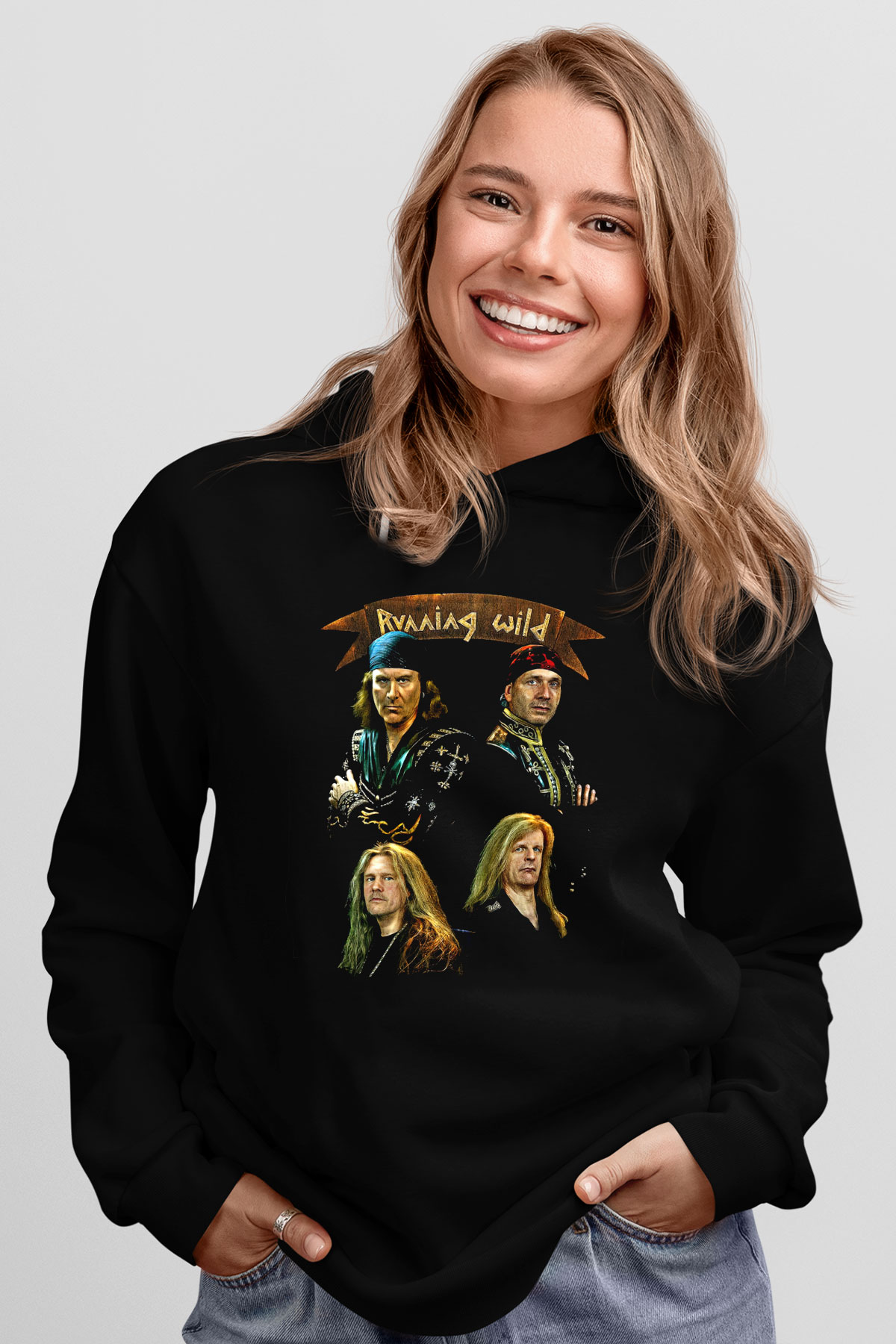Running Wild Baskılı Unisex Siyah Kapüşonlu Sweatshirt