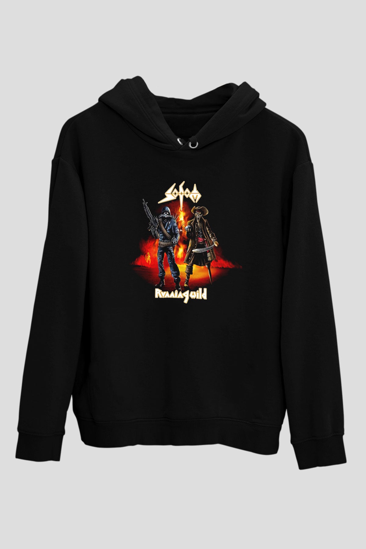 Running Wild Baskılı Unisex Siyah Kapüşonlu Sweatshirt