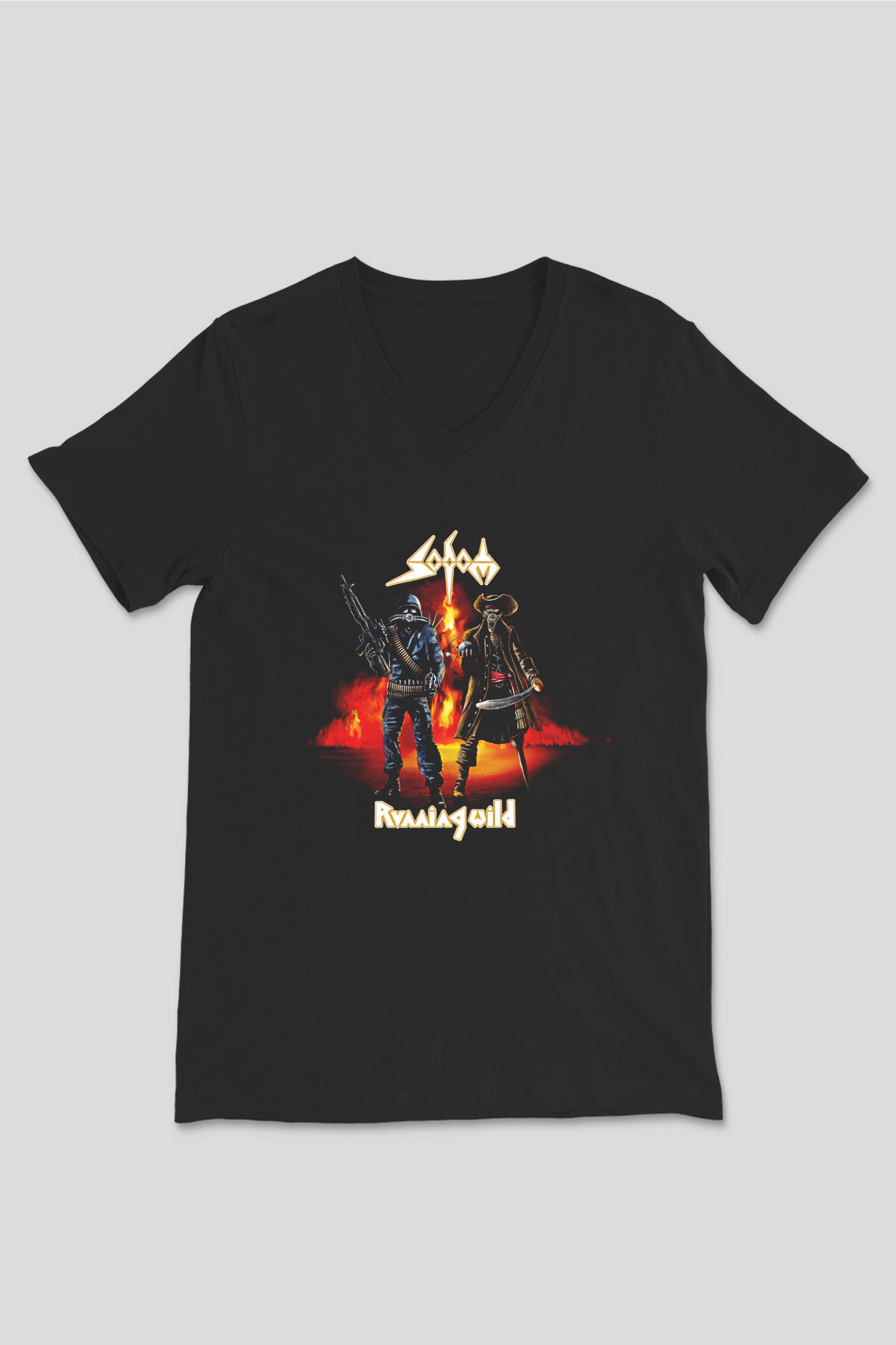 Running Wild Baskılı Unisex Siyah V Yaka Tişört - Tshirt