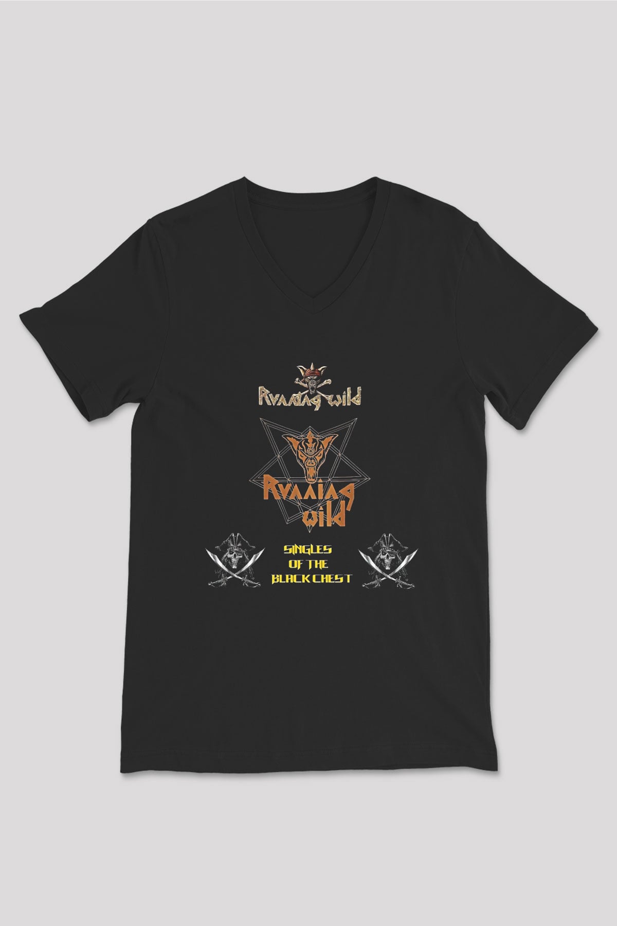 Running Wild Baskılı Unisex Siyah V Yaka Tişört - Tshirt