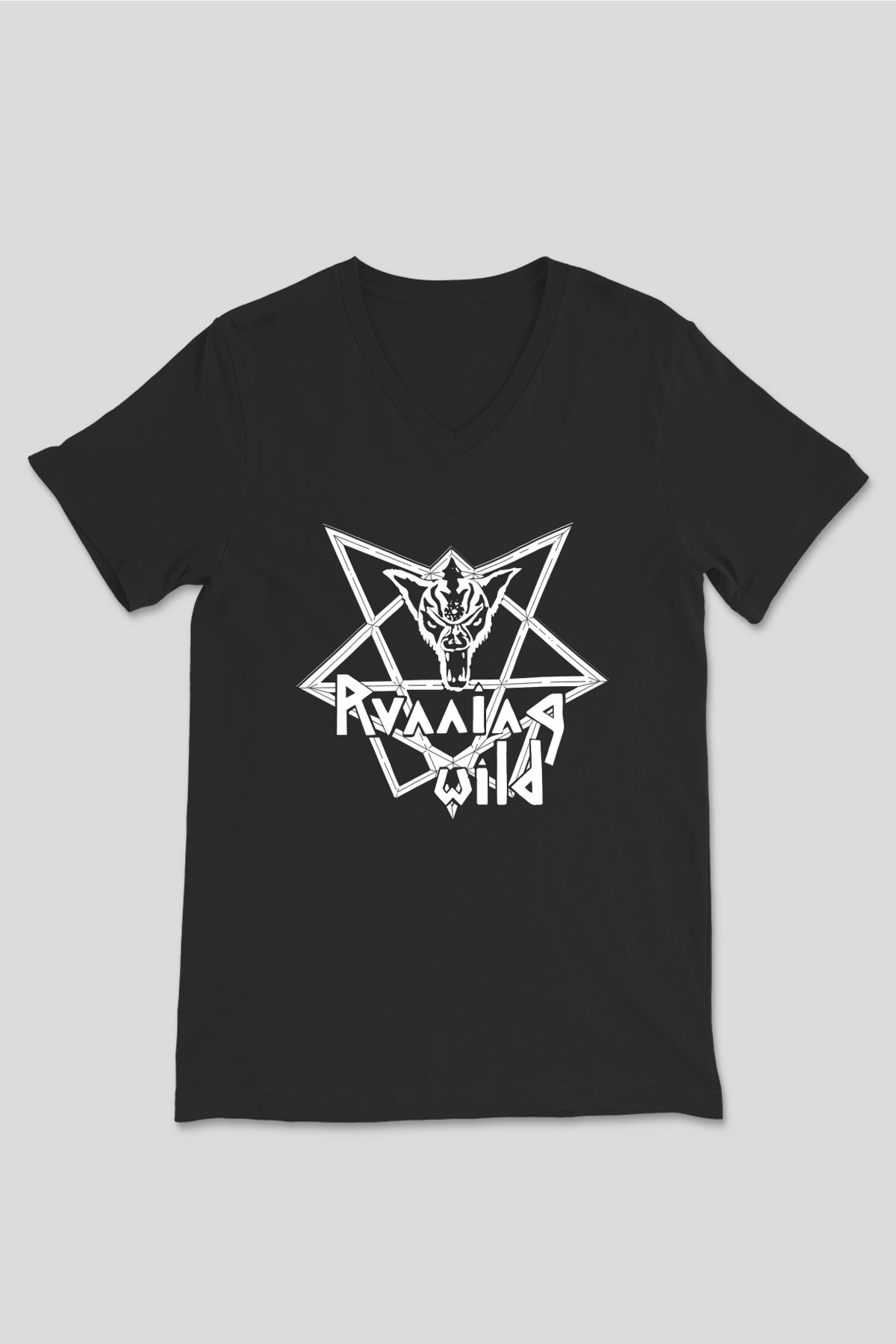 Running Wild Baskılı Unisex Siyah V Yaka Tişört - Tshirt