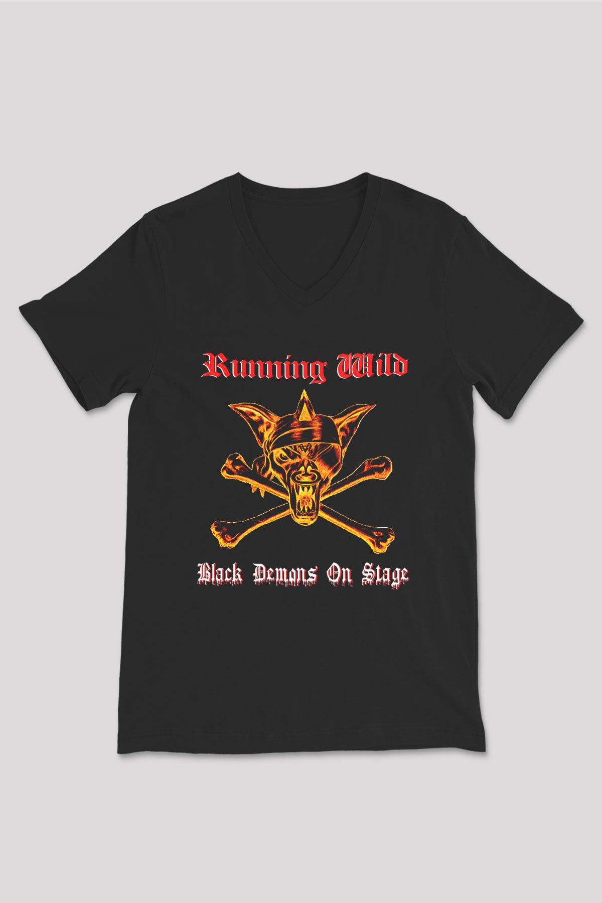 Running Wild Baskılı Unisex Siyah V Yaka Tişört - Tshirt