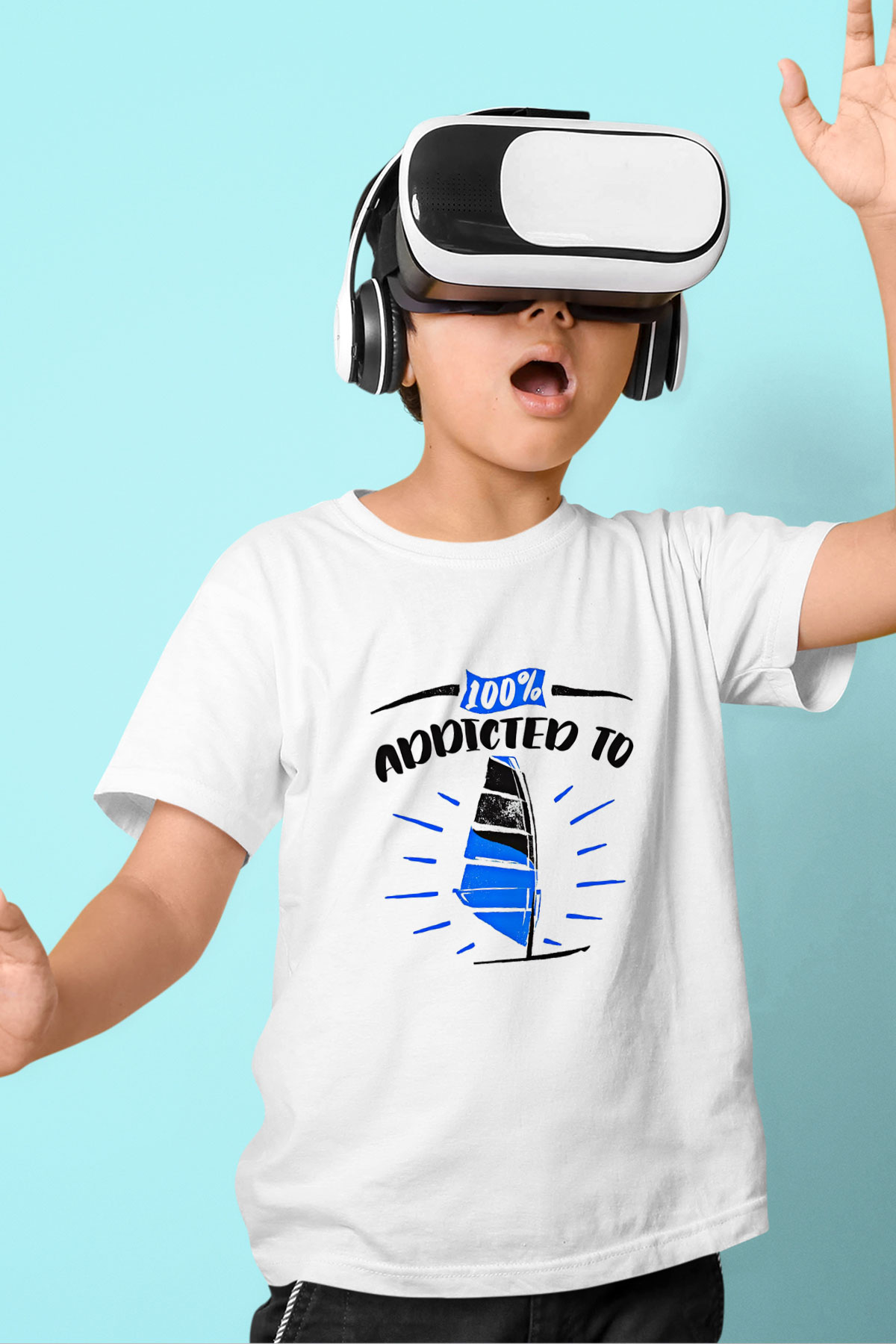 Rüzgar Sörfü Baskılı Unisex Beyaz Çocuk Tişört - Tshirt