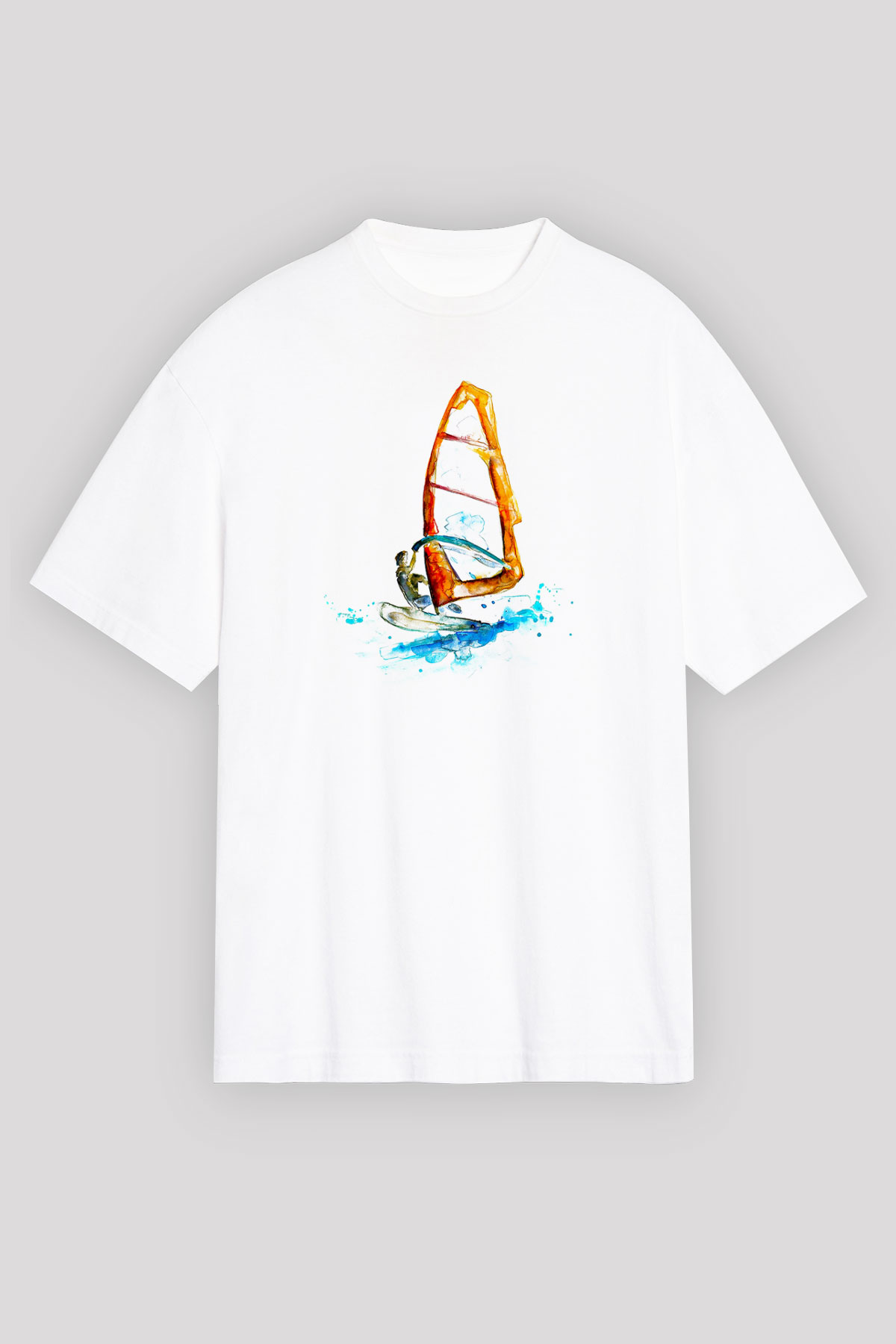 Rüzgar Sörfü Baskılı Unisex Beyaz Oversize Tişört - Tshirt