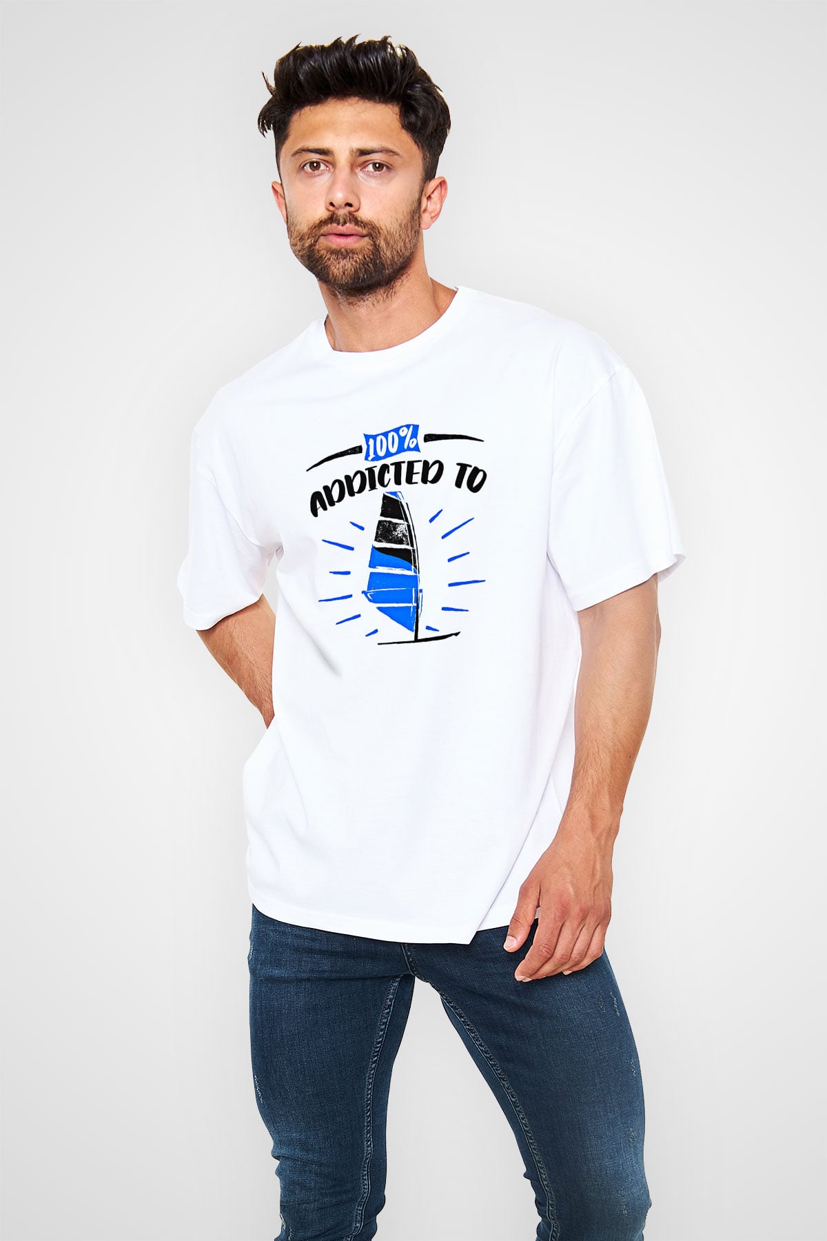 Rüzgar Sörfü Baskılı Unisex Beyaz Oversize Tişört - Tshirt