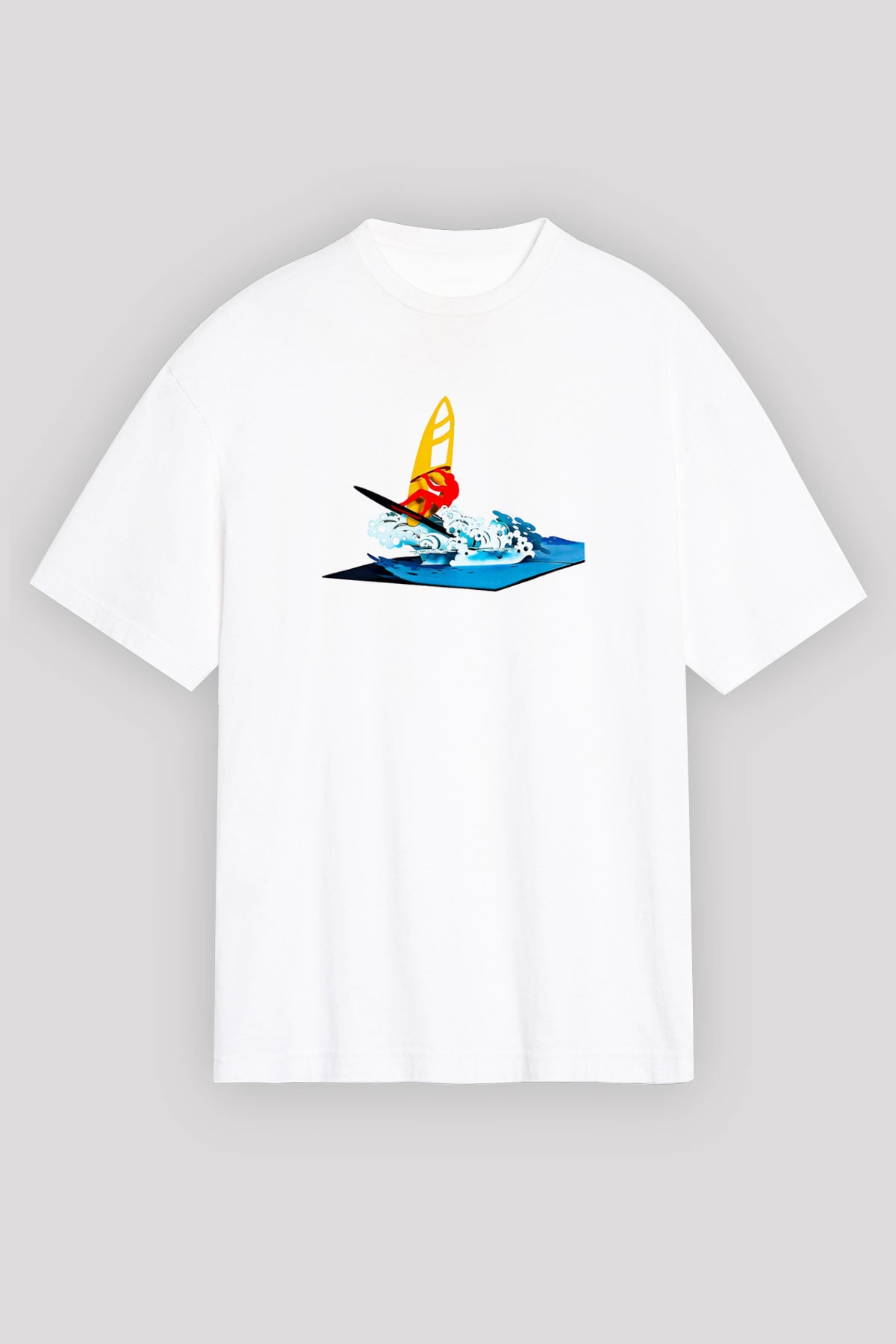 Rüzgar Sörfü Baskılı Unisex Beyaz Oversize Tişört - Tshirt