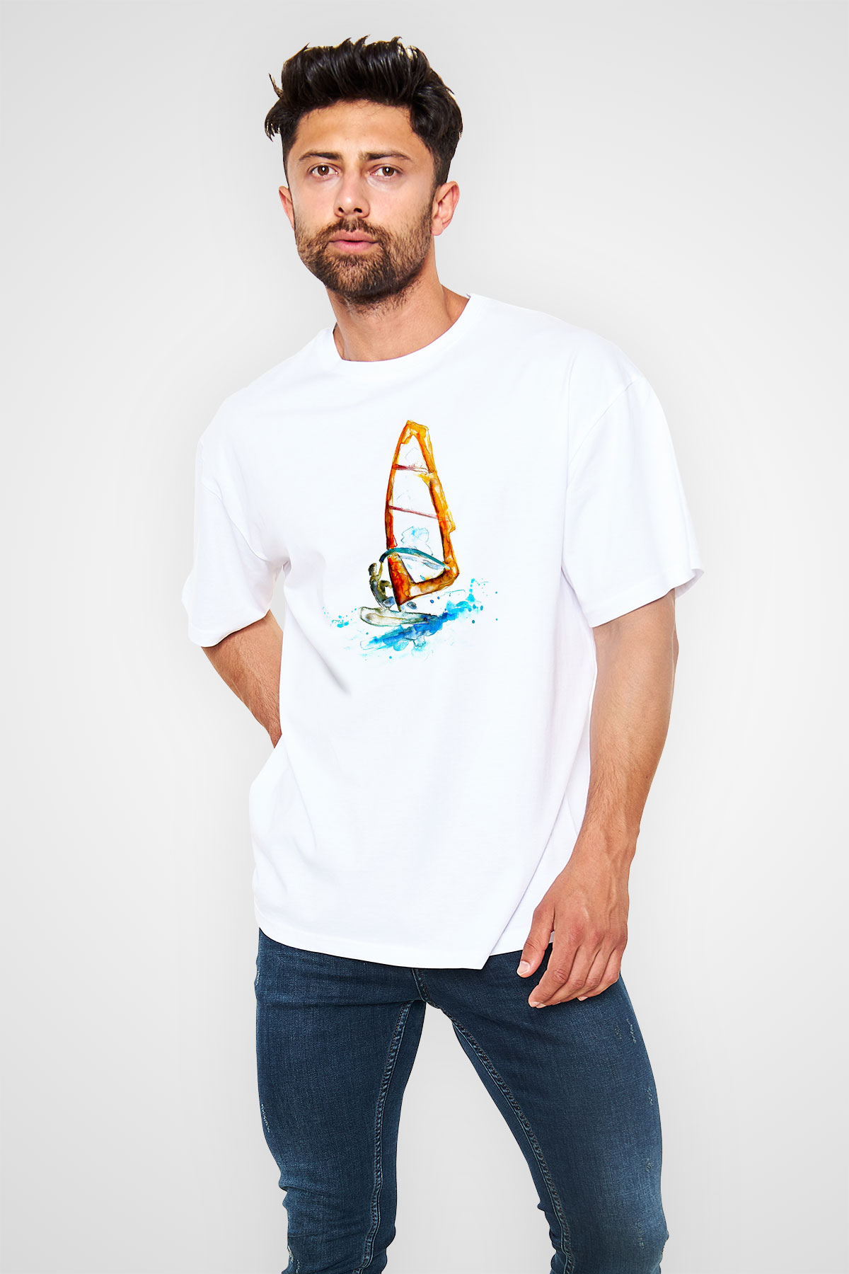Rüzgar Sörfü Baskılı Unisex Beyaz Oversize Tişört - Tshirt