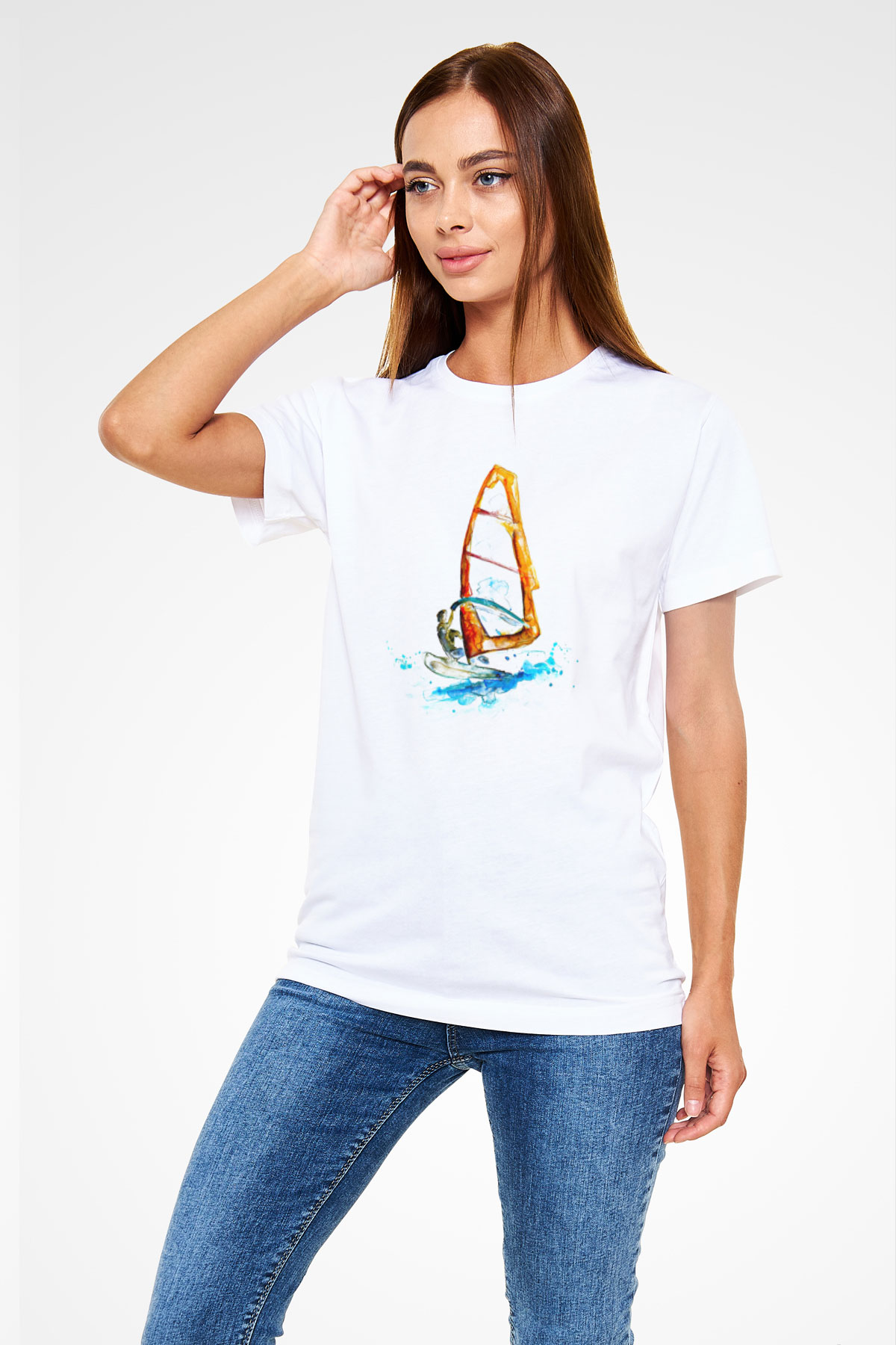 Rüzgar Sörfü Baskılı Unisex Beyaz Tişört - Tshirt