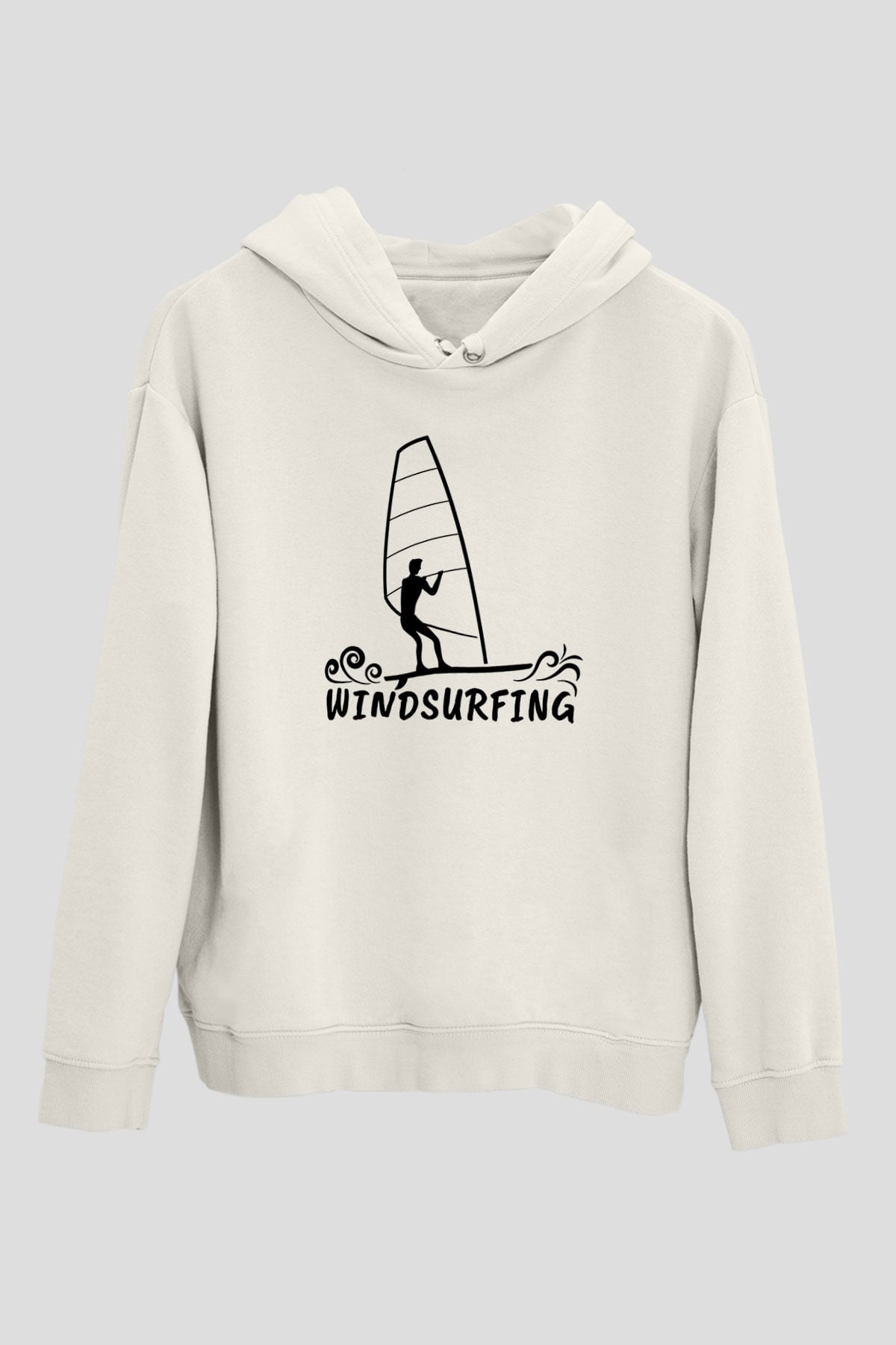 Rüzgar Sörfü Baskılı Unisex Ekru Hoodie
