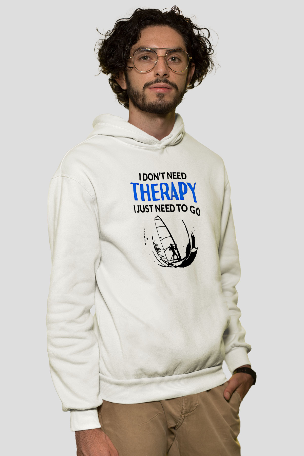 Rüzgar Sörfü Baskılı Unisex Ekru Hoodie