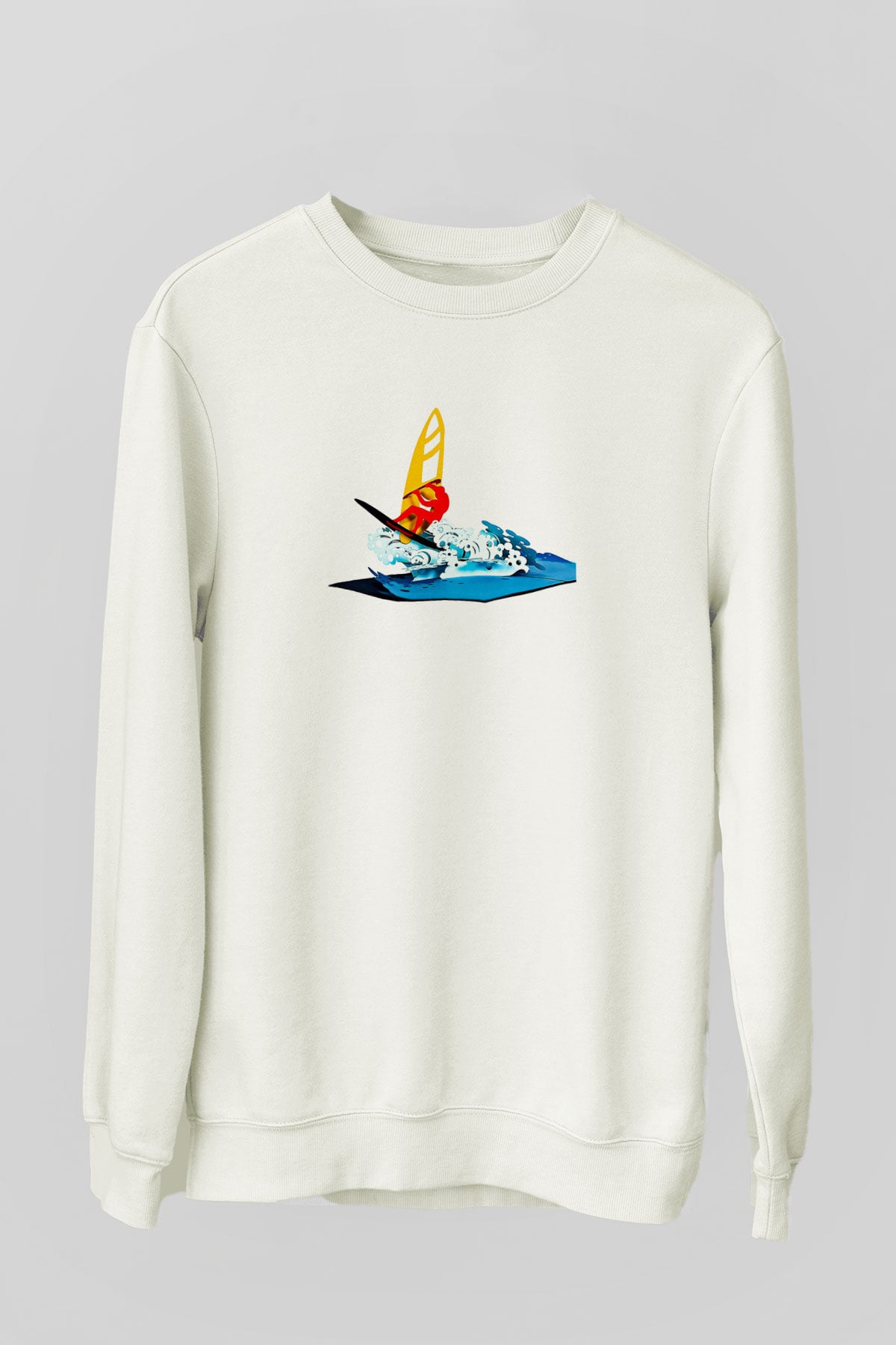Rüzgar Sörfü Baskılı Unisex Ekru Sweatshirt