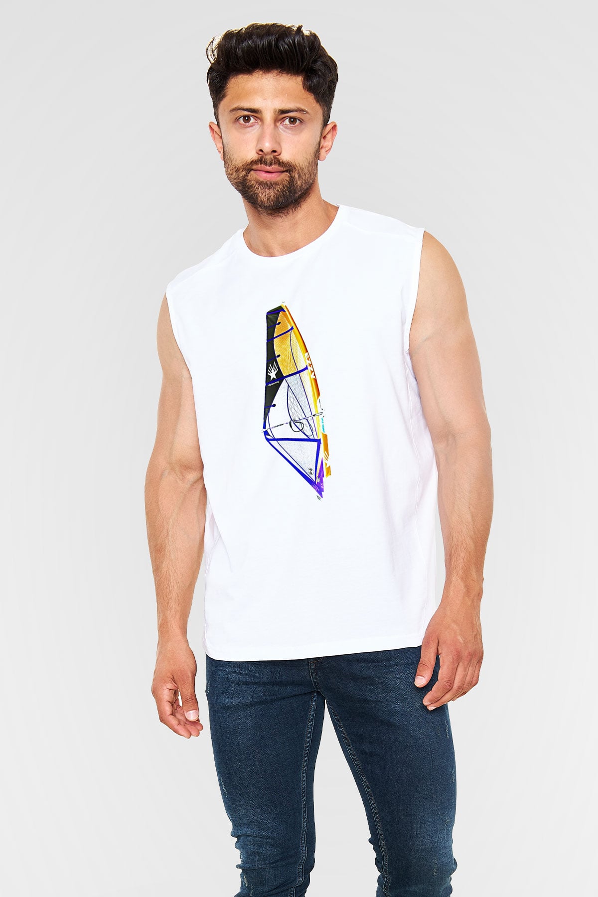 Rüzgar Sörfü Baskılı Unisex Kolsuz Beyaz Tişört