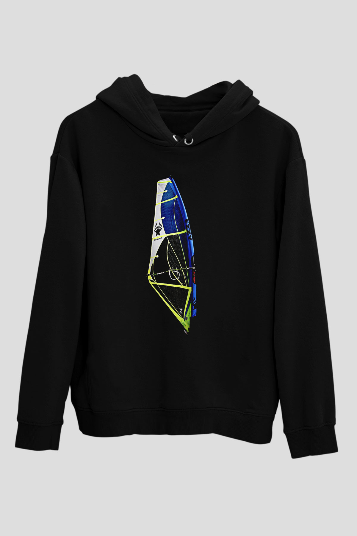 Rüzgar Sörfü - Windsurf Baskılı Unisex Siyah Kapüşonlu Sweatshirt