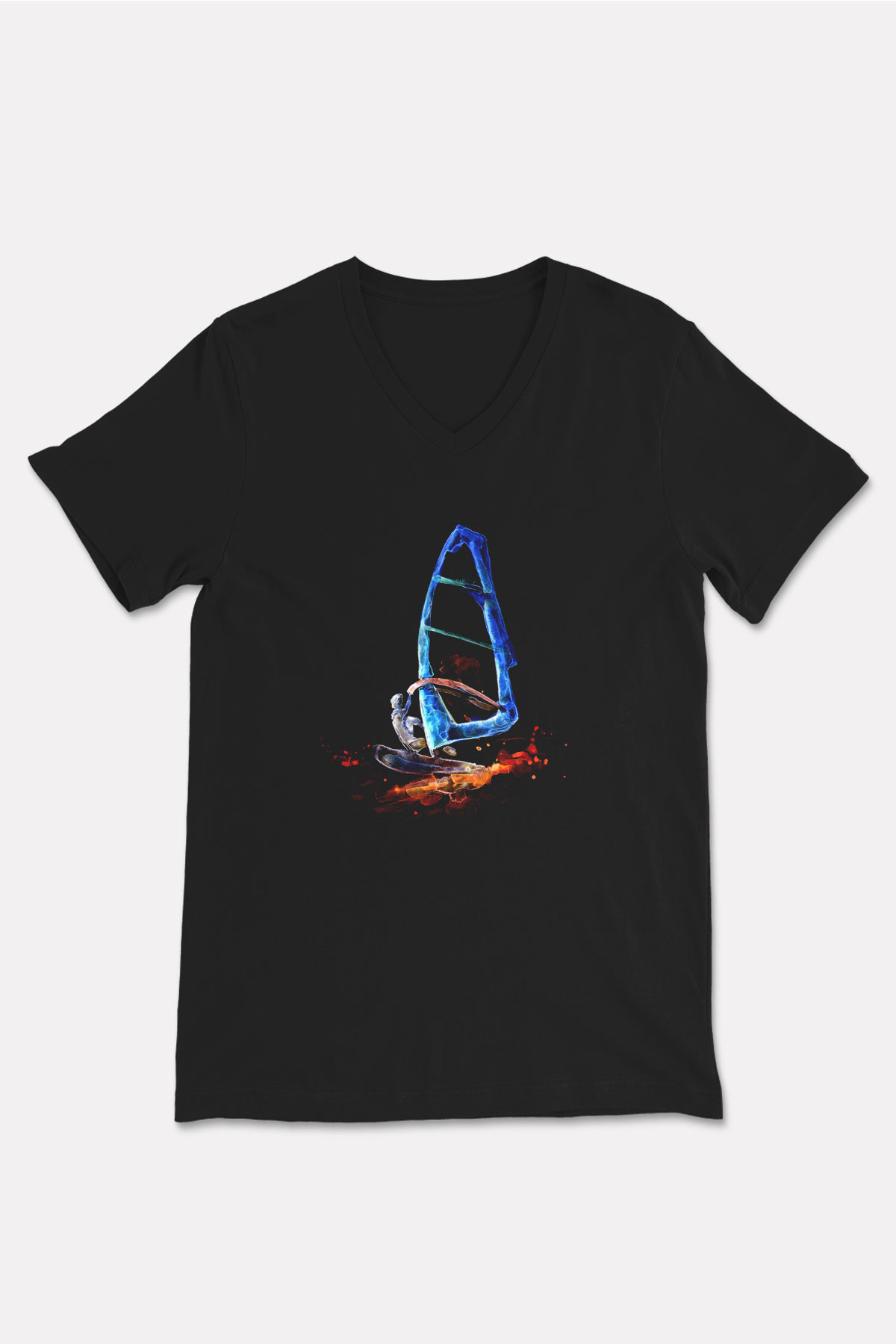 Rüzgar Sörfü - Windsurf Baskılı Unisex Siyah V Yaka Tişört