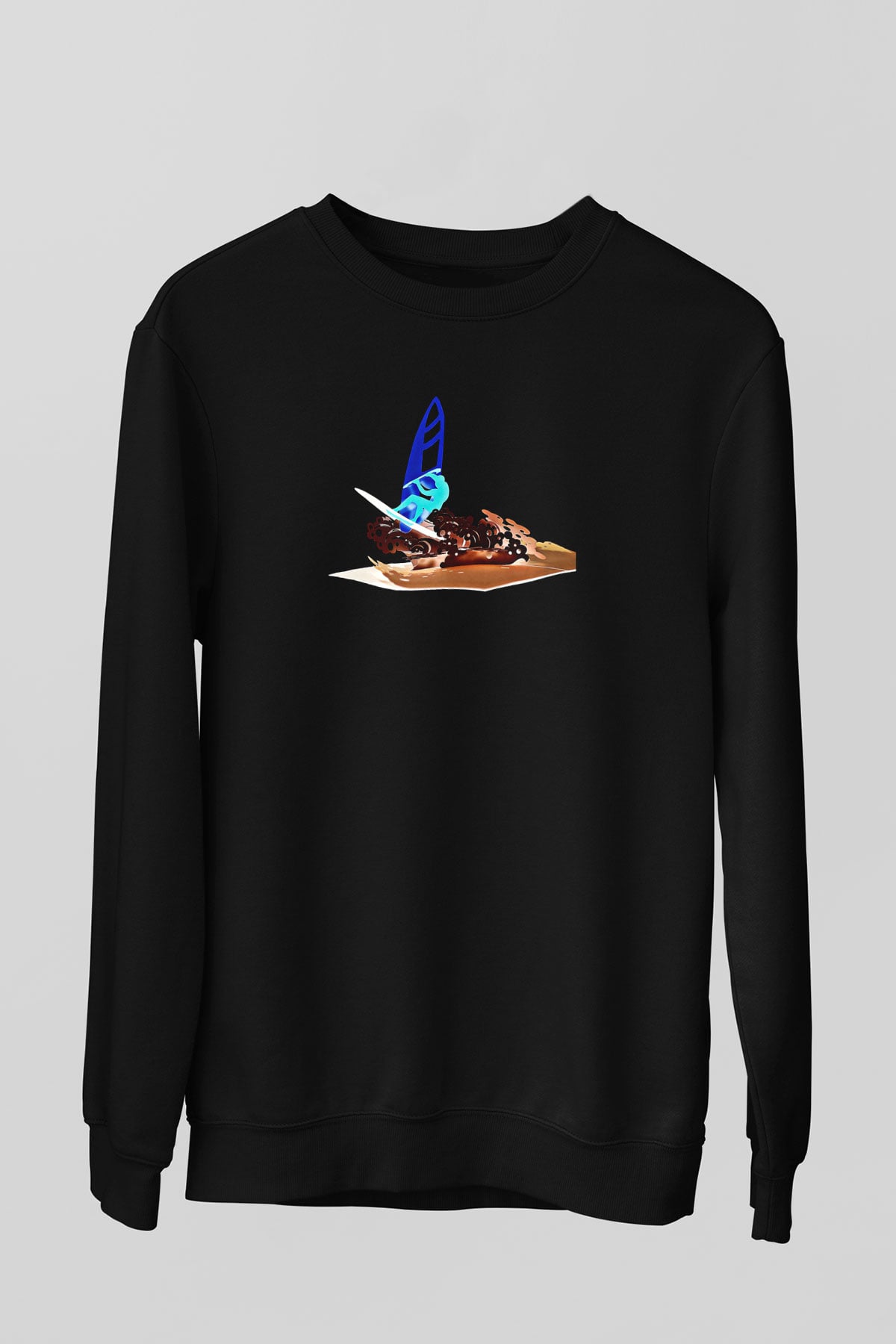 Rüzgar Sörfü - Windsurf Baskılı Unisex Siyah Sweatshirt