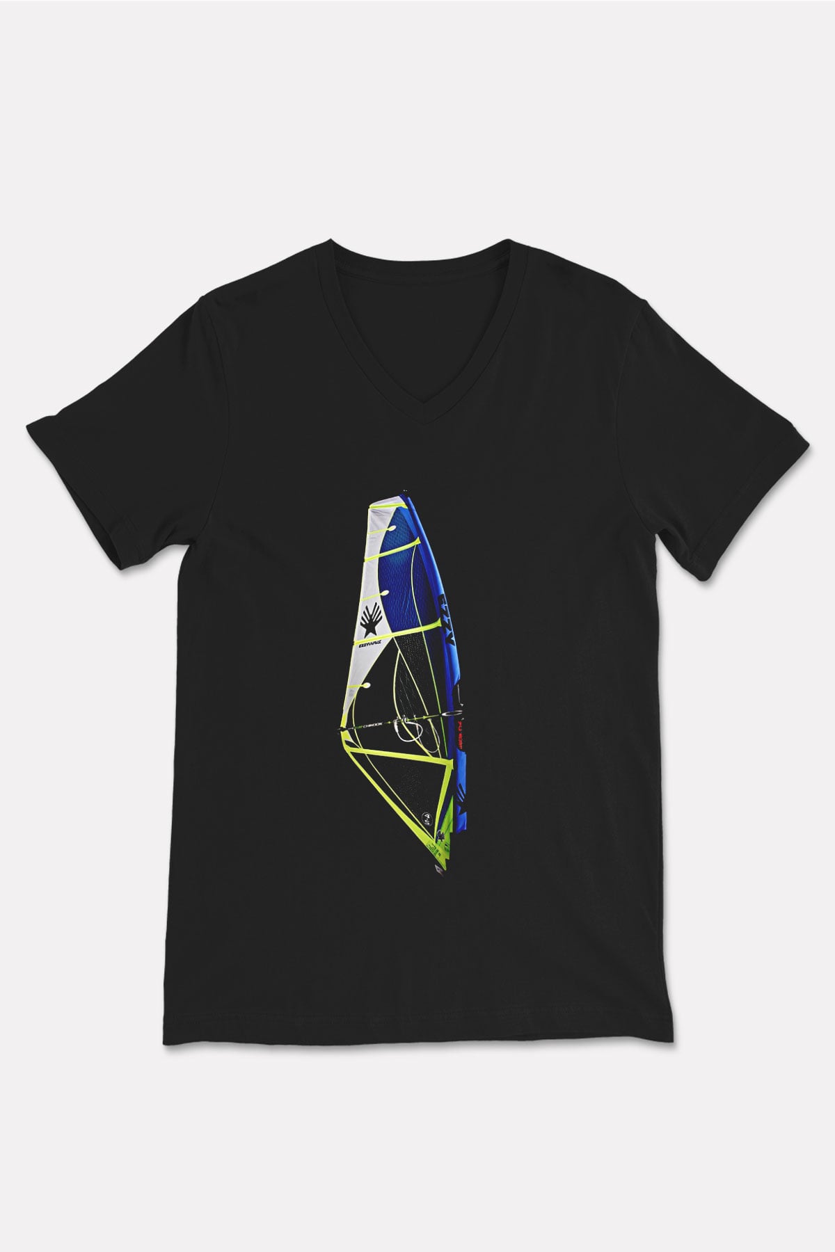 Rüzgar Sörfü - Windsurf Baskılı Unisex Siyah V Yaka Tişört