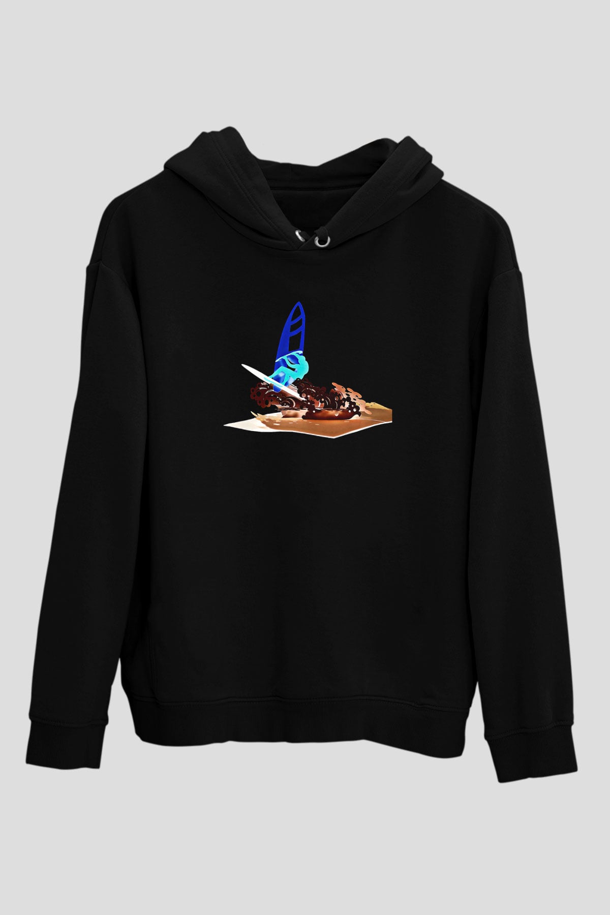 Rüzgar Sörfü - Windsurf Baskılı Unisex Siyah Kapüşonlu Sweatshirt
