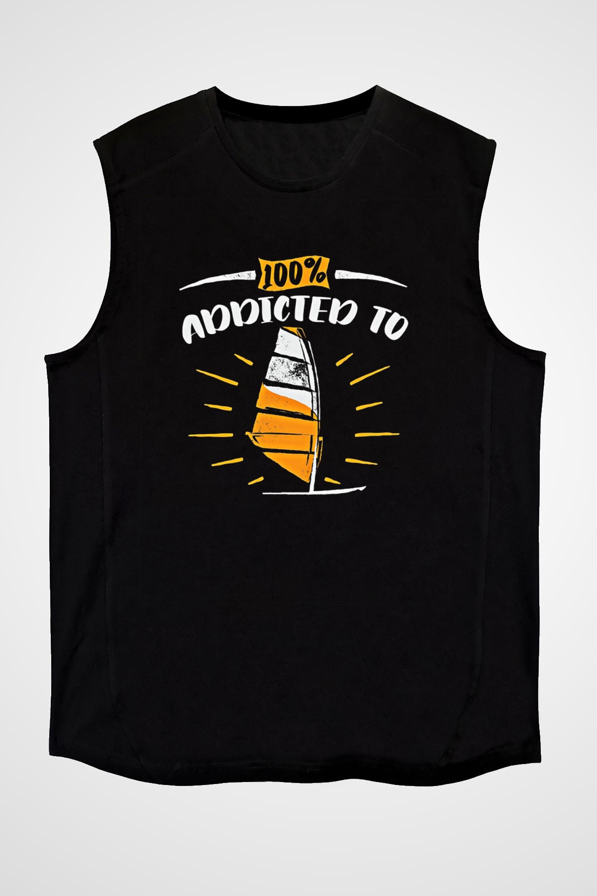 Rüzgar Sörfü - Windsurf Baskılı Unisex Siyah Kolsuz Tişört