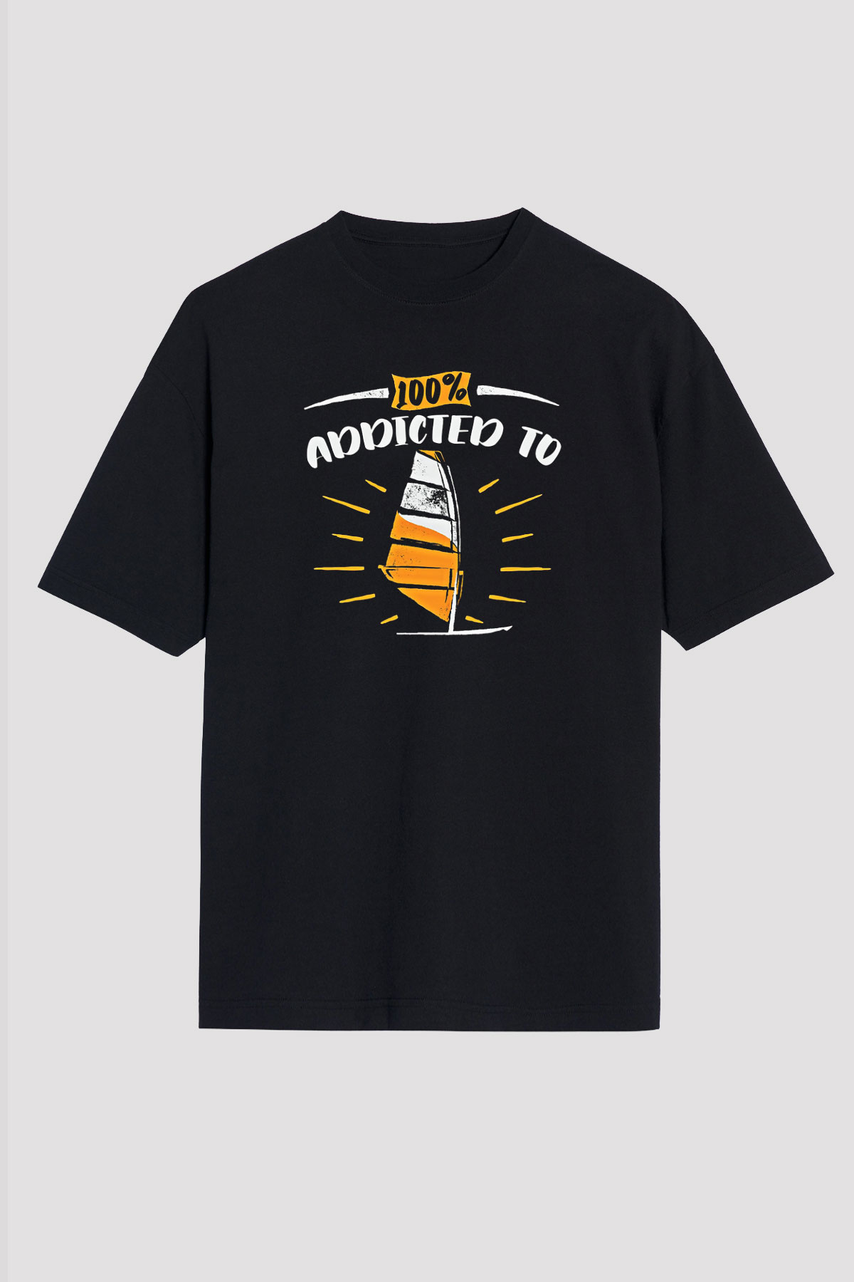 Rüzgar Sörfü - Windsurf Baskılı Unisex Siyah Oversize Tişört
