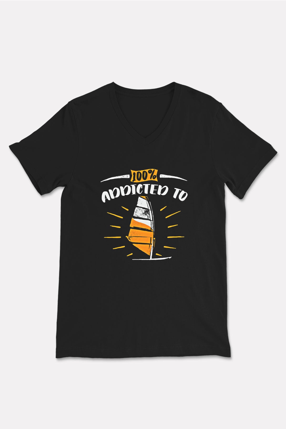 Rüzgar Sörfü - Windsurf Baskılı Unisex Siyah V Yaka Tişört