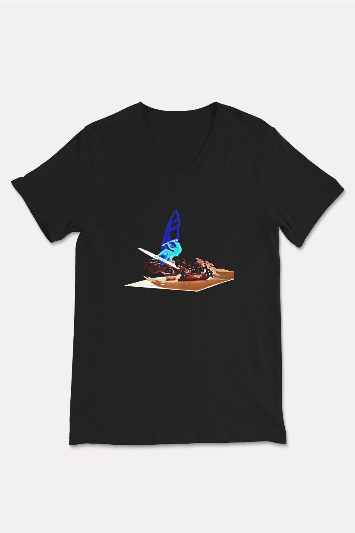 Rüzgar Sörfü - Windsurf Baskılı Unisex Siyah V Yaka Tişört