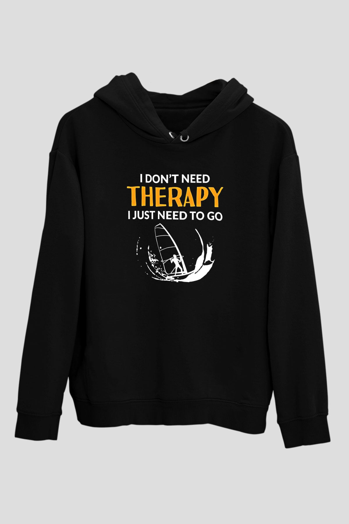 Rüzgar Sörfü - Windsurf Baskılı Unisex Siyah Kapüşonlu Sweatshirt