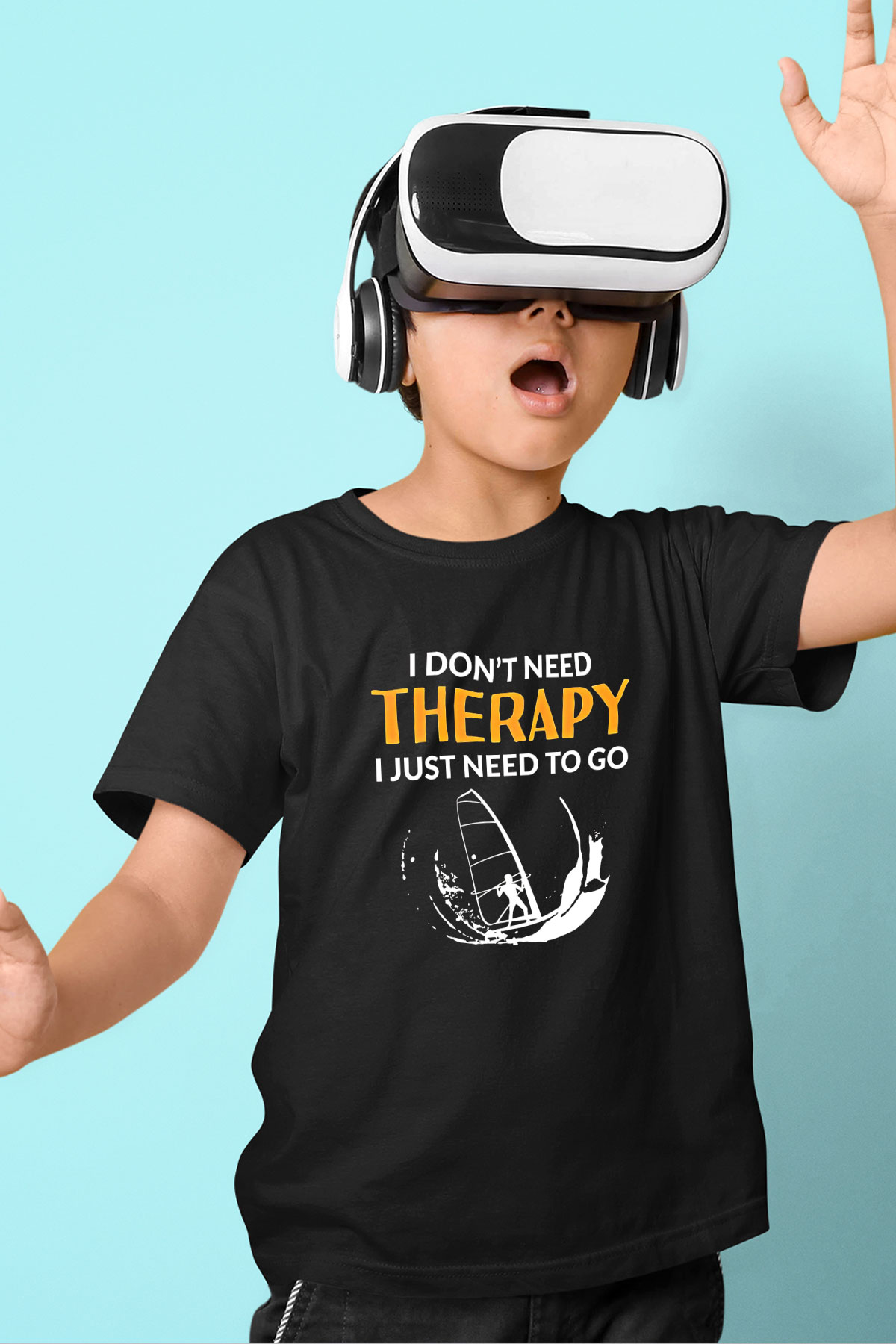 Rüzgar Sörfü - Windsurf Baskılı Unisex Siyah Çocuk Tİşörtü - Tshirt