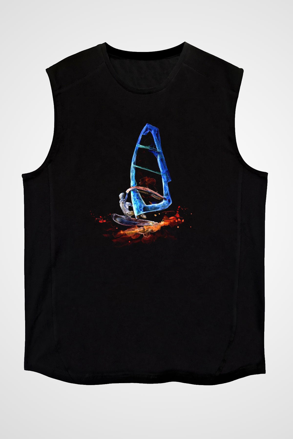 Rüzgar Sörfü - Windsurf Baskılı Unisex Siyah Kolsuz Tişört
