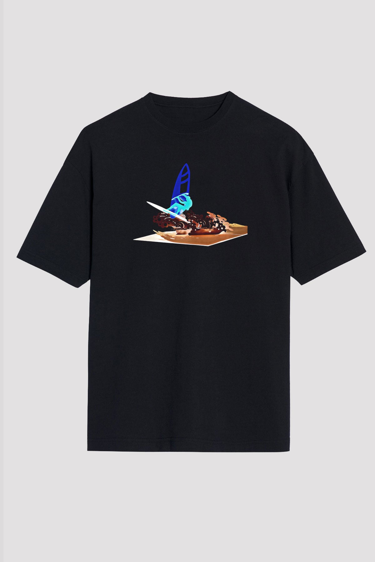 Rüzgar Sörfü - Windsurf Baskılı Unisex Siyah Oversize Tişört