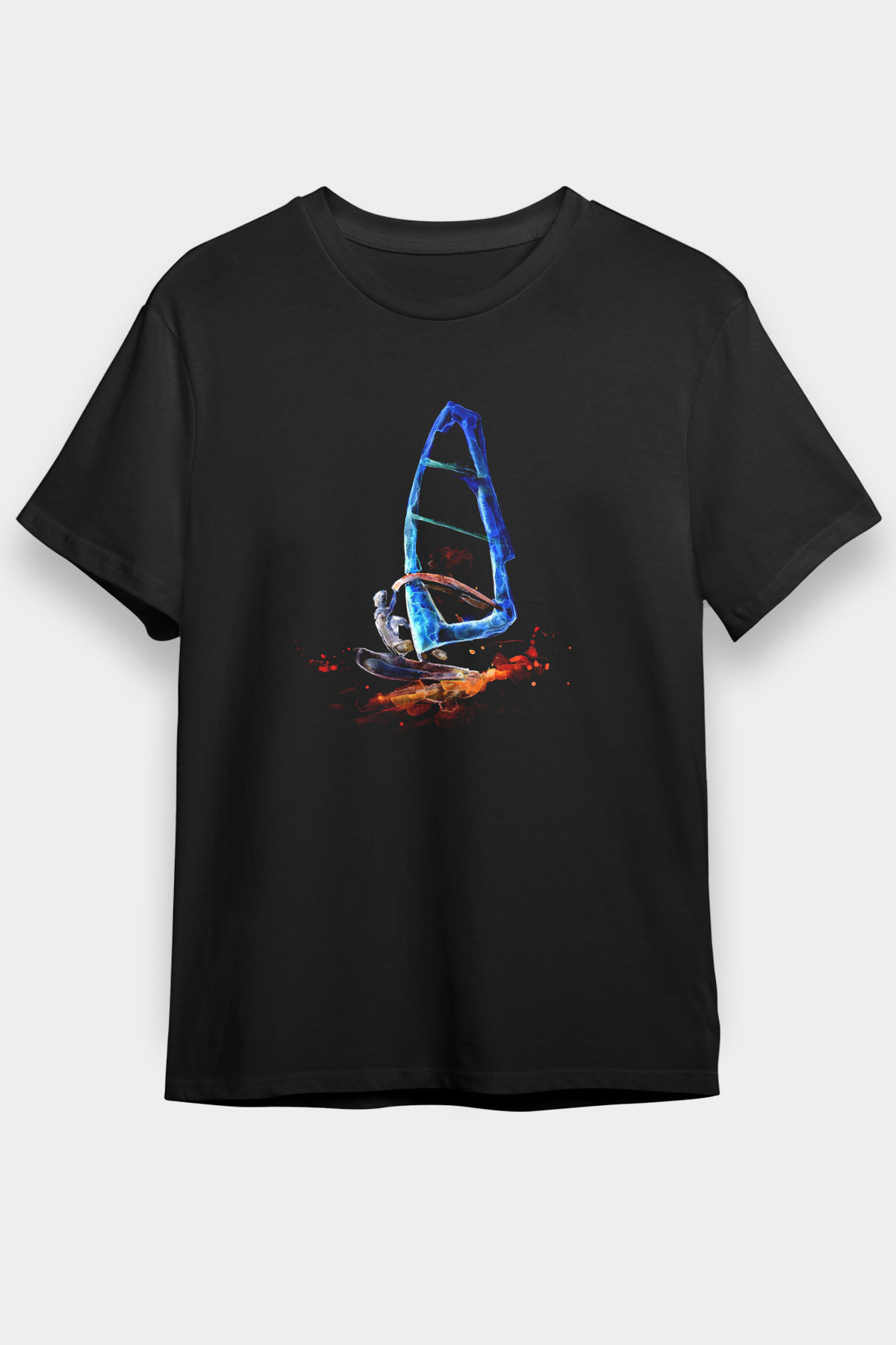 Rüzgar Sörfü - Windsurf Baskılı Unisex Siyah Tişört - Tshirt