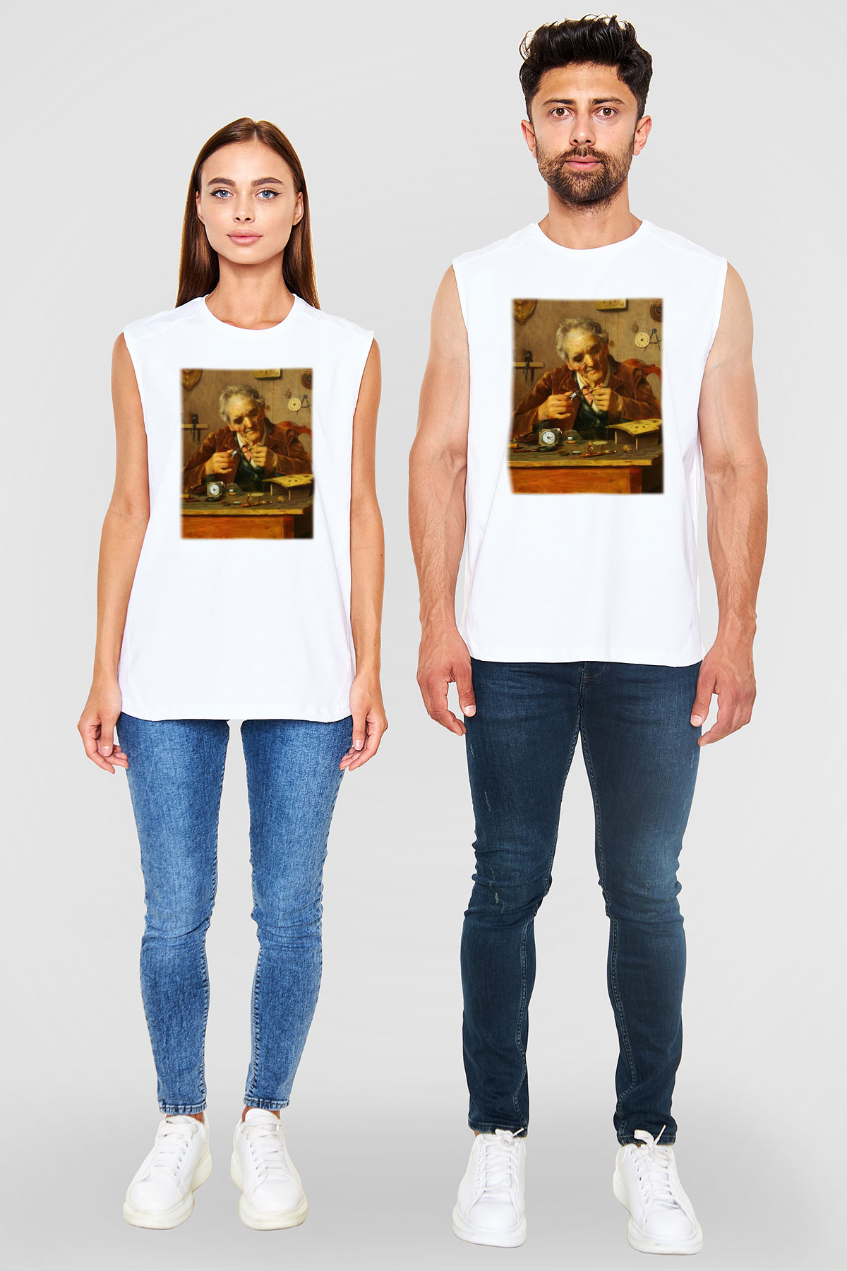 Saatçi Beyaz Unisex Kolsuz Tişört