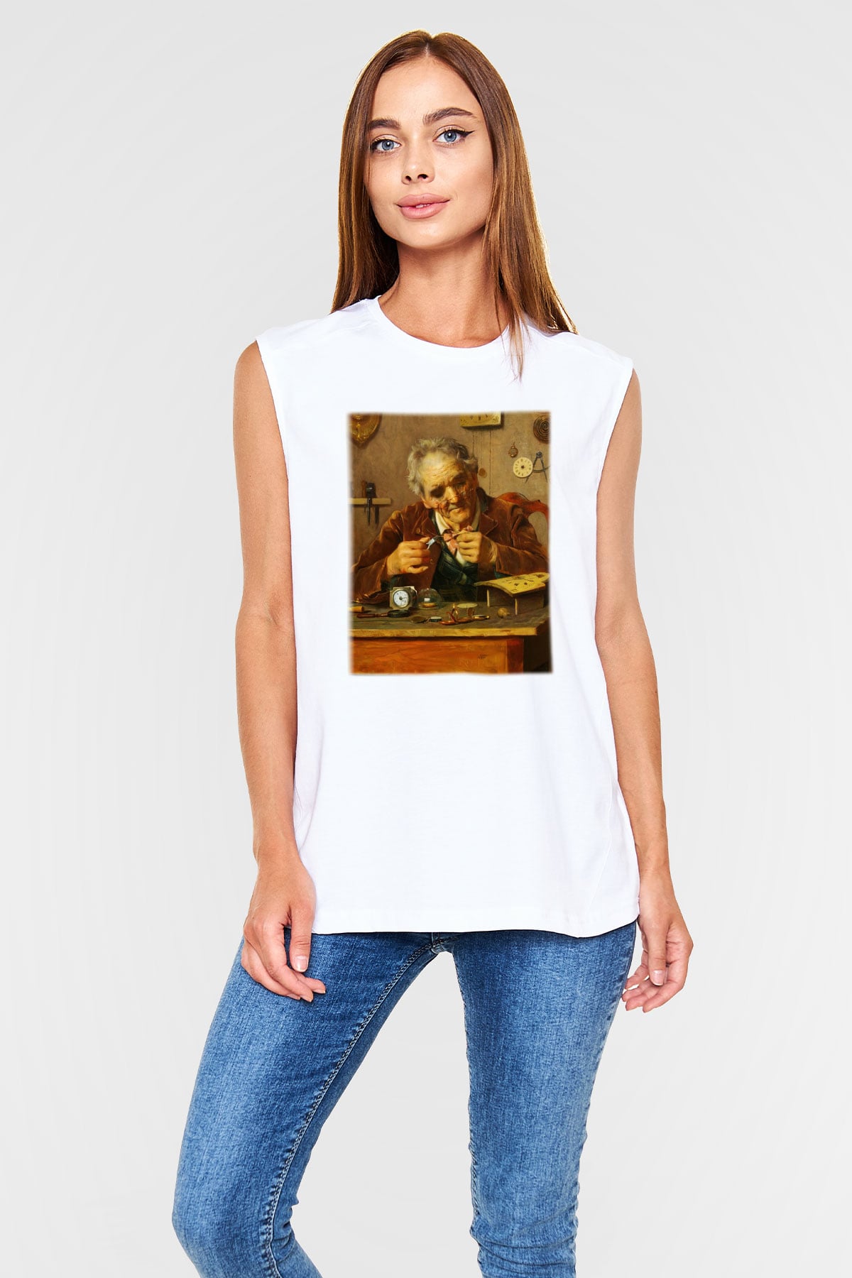 Saatçi Beyaz Unisex Kolsuz Tişört