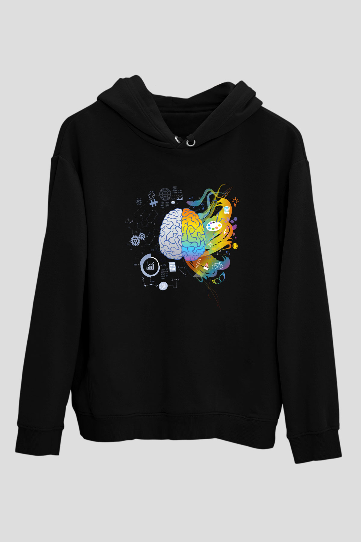 Sağ Beyin Sol Beyin Baskılı Unisex Siyah Hoodie