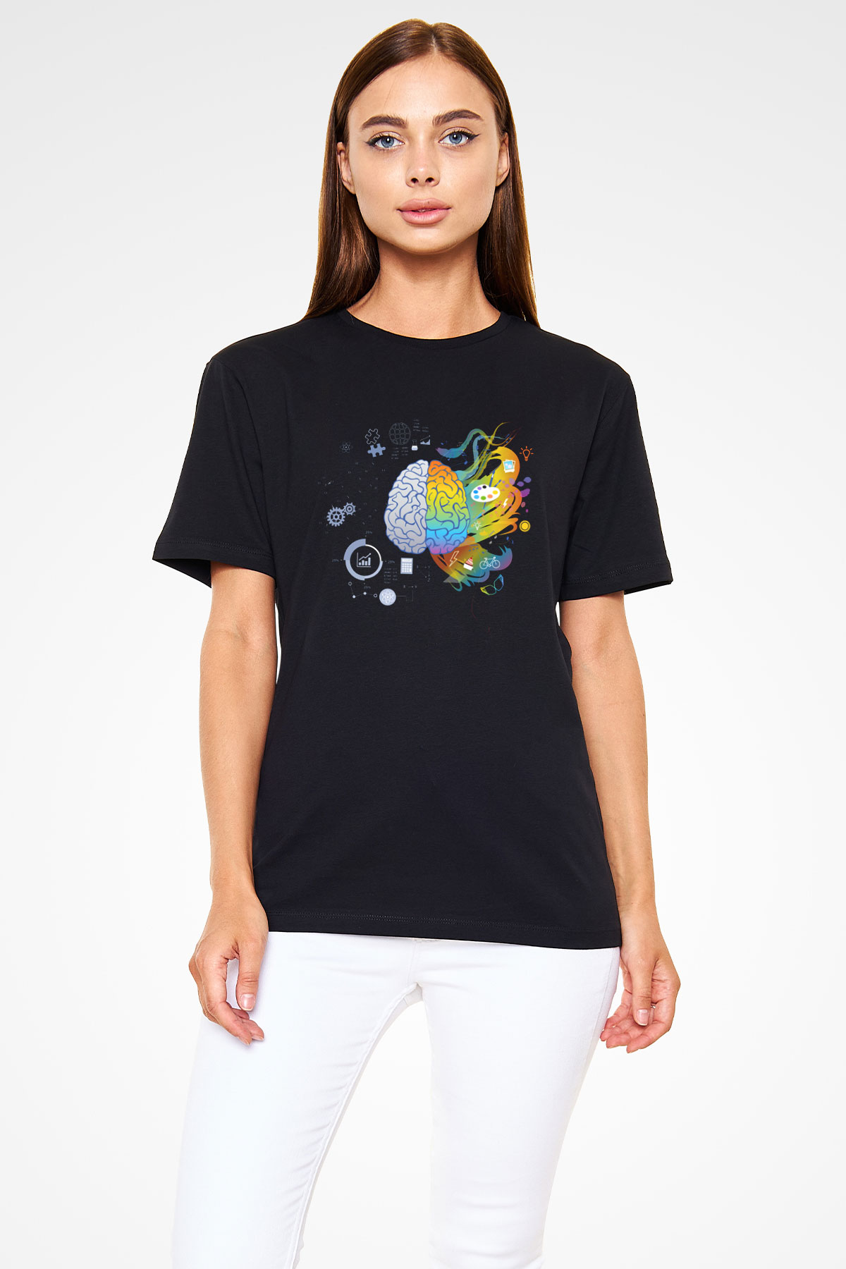 Sağ Beyin Sol Beyin Baskılı Unisex Siyah Tişört