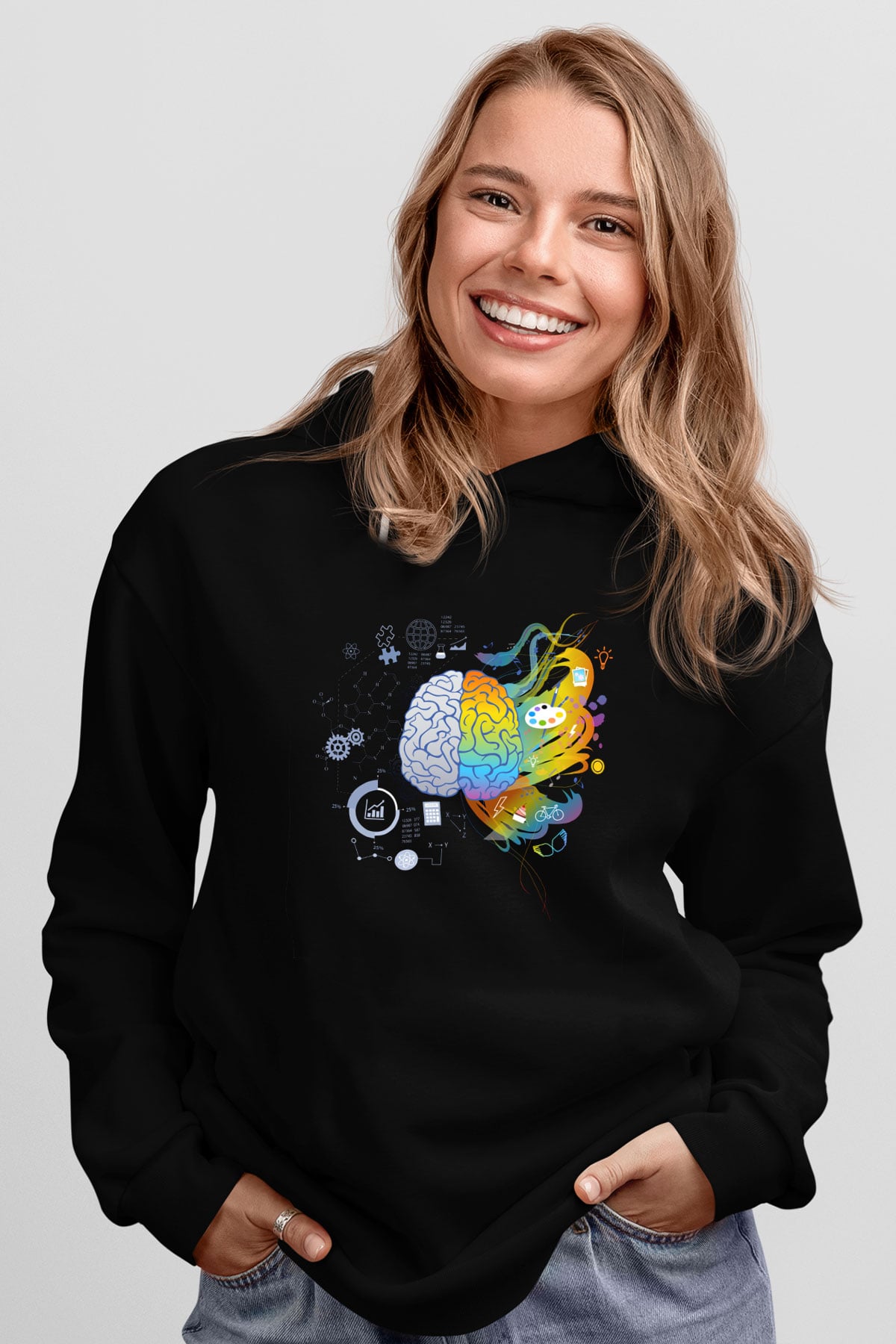 Sağ Beyin Sol Beyin Baskılı Unisex Siyah Hoodie
