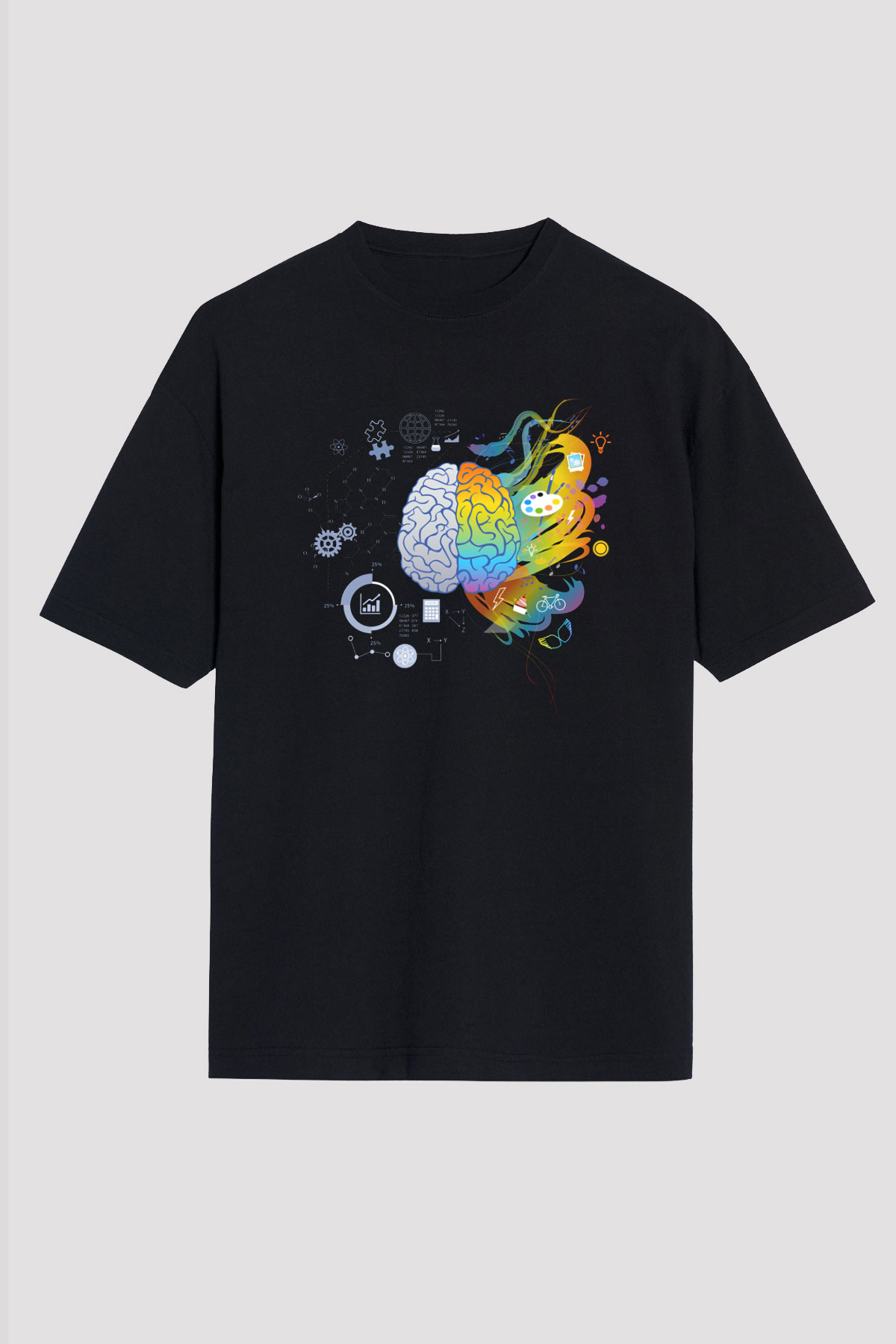 Sağ Beyin Sol Beyin Baskılı Unisex Siyah Oversize Tişört