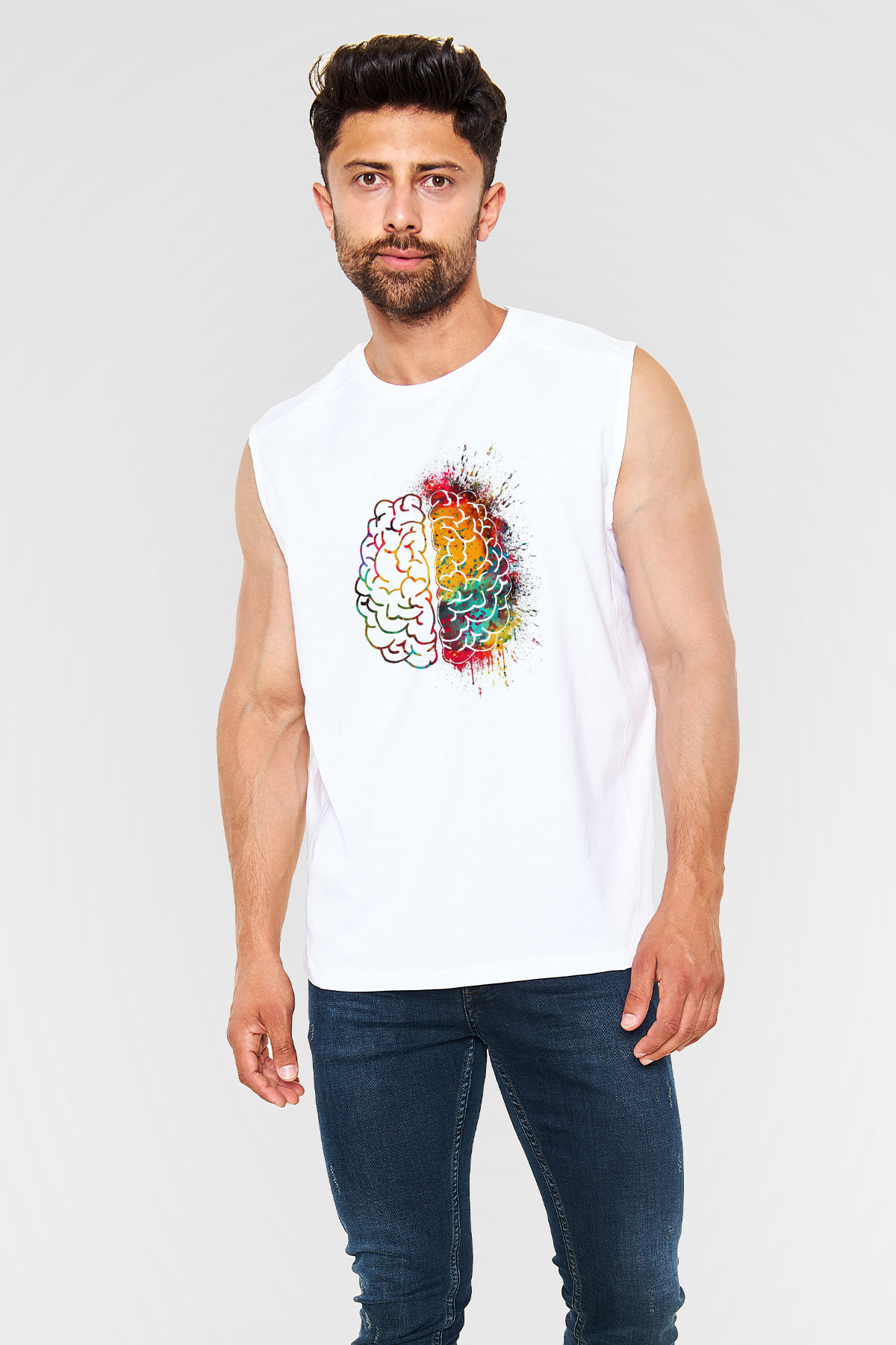 Sağ ve Sol Beyin Baskılı Unisex Kolsuz Beyaz Tişört - Tshirt