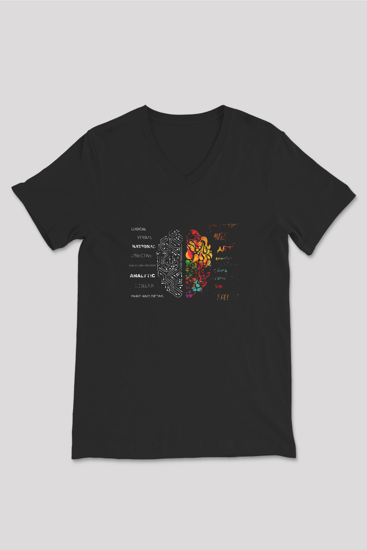 Sağ ve Sol Beyin Baskılı Unisex V Yaka Siyah Tİşört - Tshirt