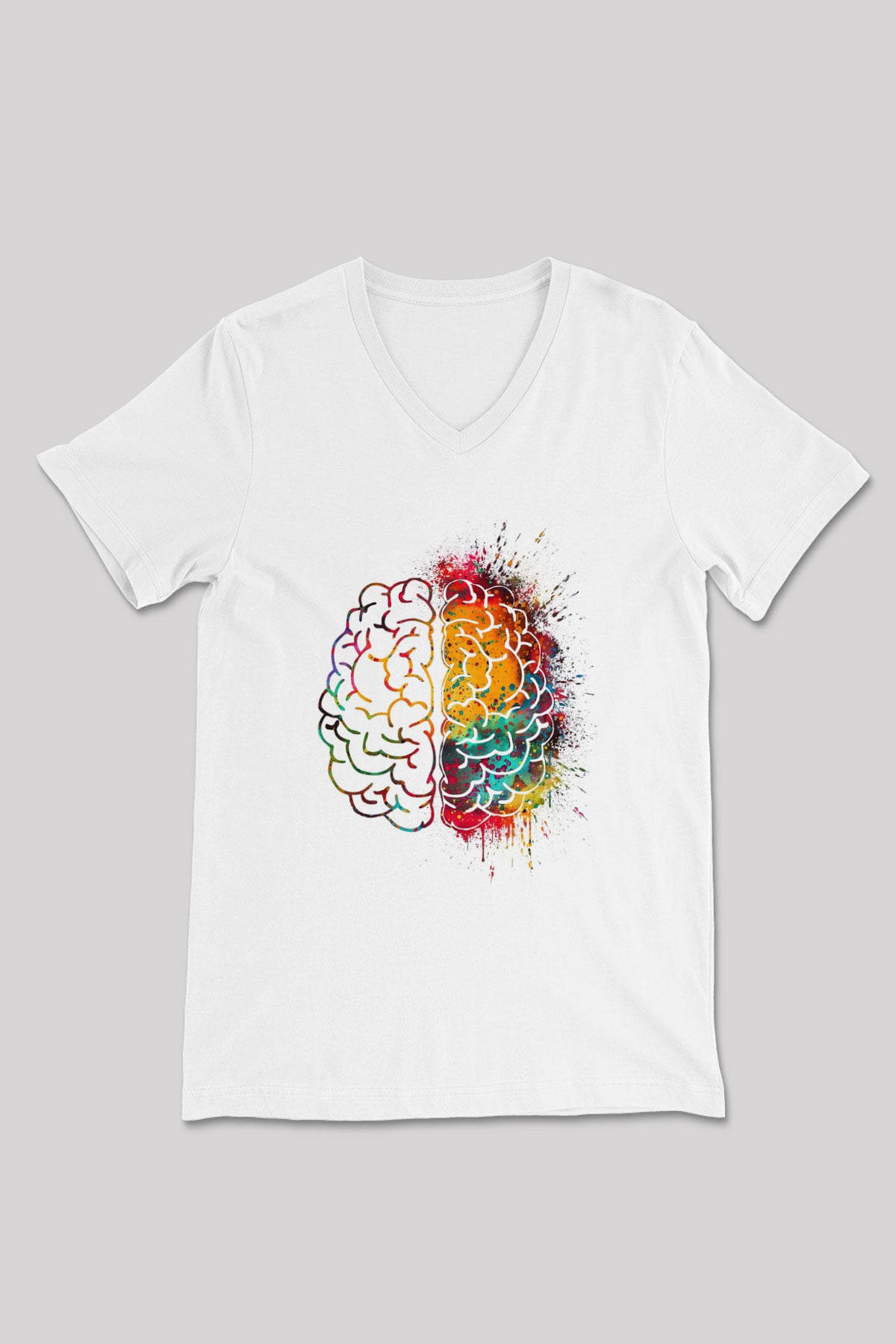 Sağ ve Sol Beyin Baskılı Unisex V Yaka Beyaz Tişört - Tshirt