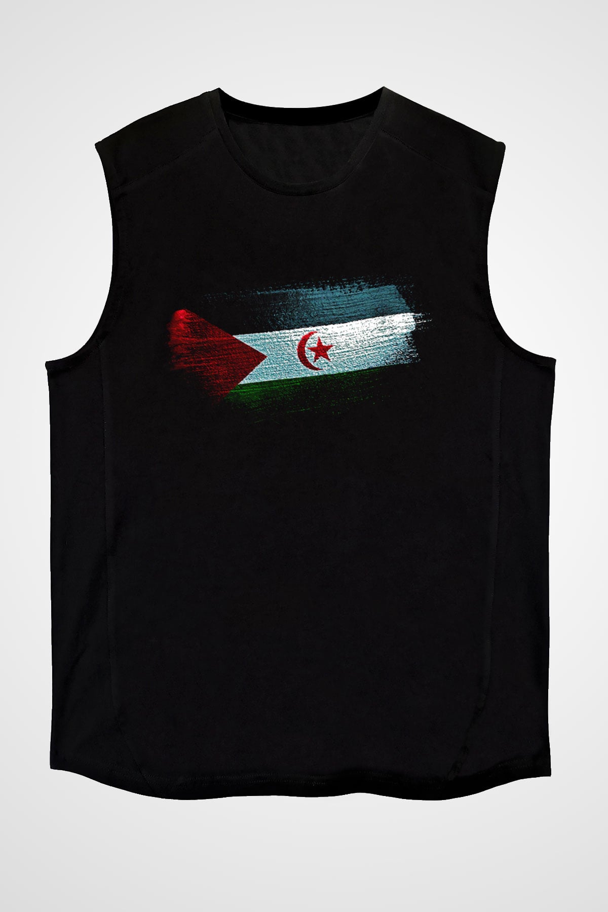 Sahrawi Bayrağı Baskılı Unisex Siyah Kolsuz Tişört