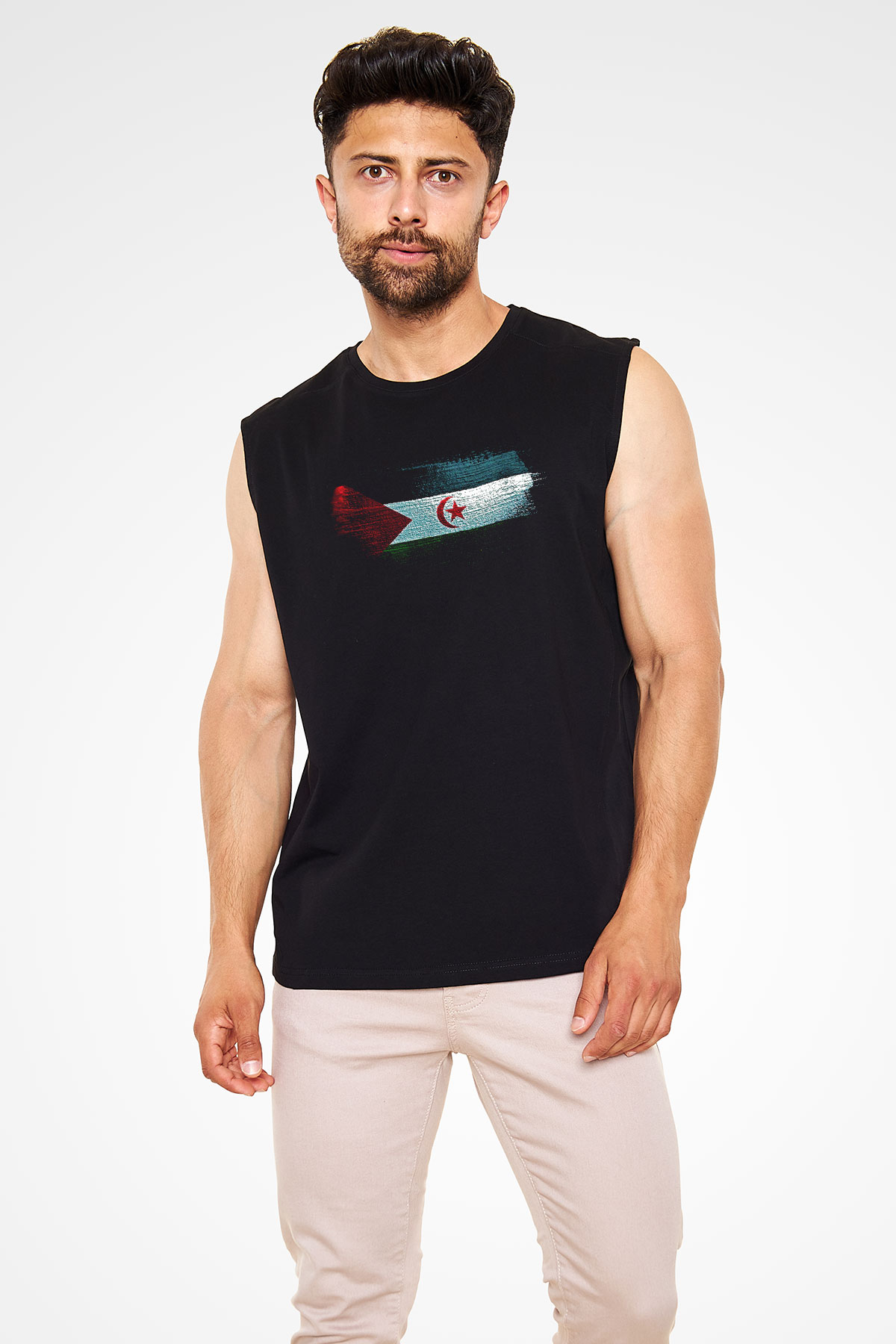 Sahrawi Bayrağı Baskılı Unisex Siyah Kolsuz Tişört