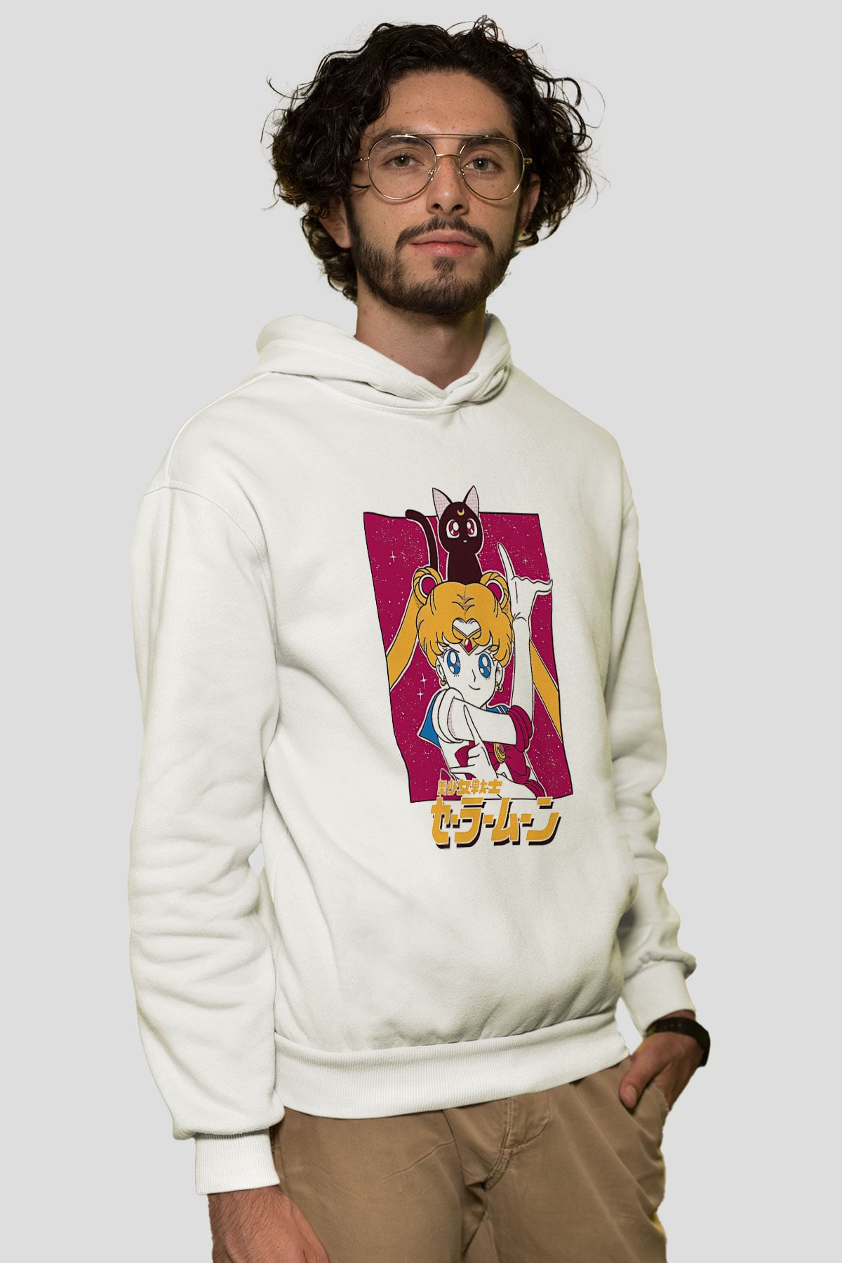 Sailor Moon Baskılı Beyaz Unisex Hoodie