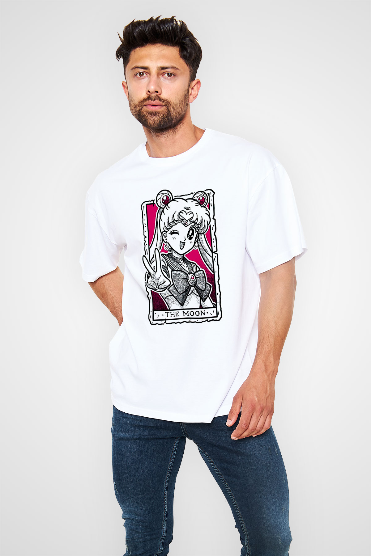 Sailor Moon Baskılı Beyaz Unisex Oversize Tişört - Tshirt