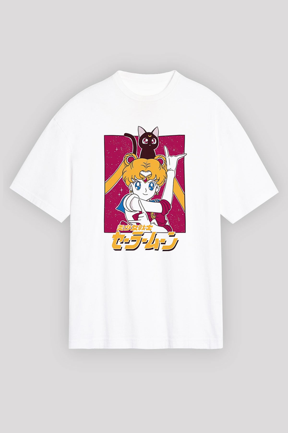 Sailor Moon Baskılı Beyaz Unisex Oversize Tişört - Tshirt